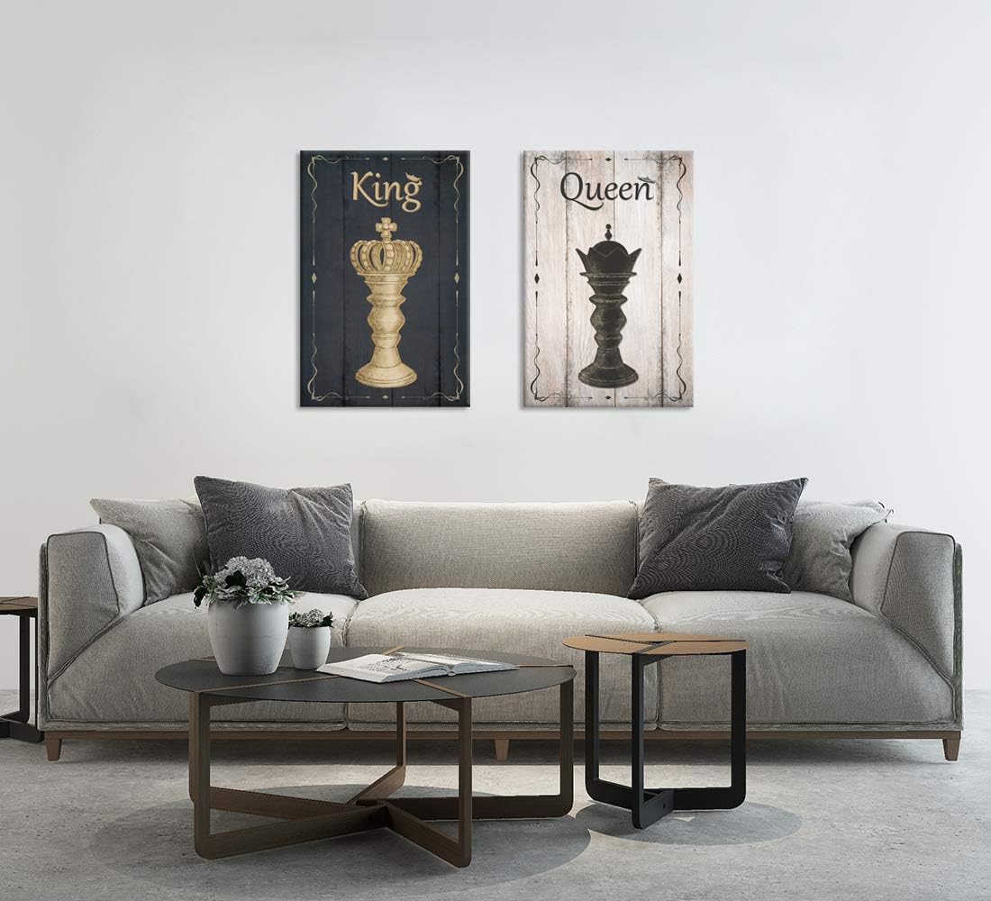 Zlove 2 Piece Black and White King and Queen Chess Set Vintage Wood Background Bishop Chess Piece Sign Poster Print For Game Room Bedroom Home Decor Stretched and Framed Ready to Hang 16