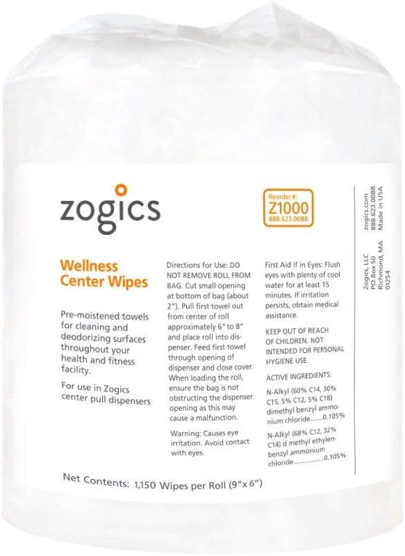 Zogics Wellness Center Cleaning Wipes – Gym Wipes for Cleaning Surfaces and Equipment, Durable and Safe Pre-Saturated Wet Wipes (4,600 Count, 4 Rolls of 1150 Wipes)