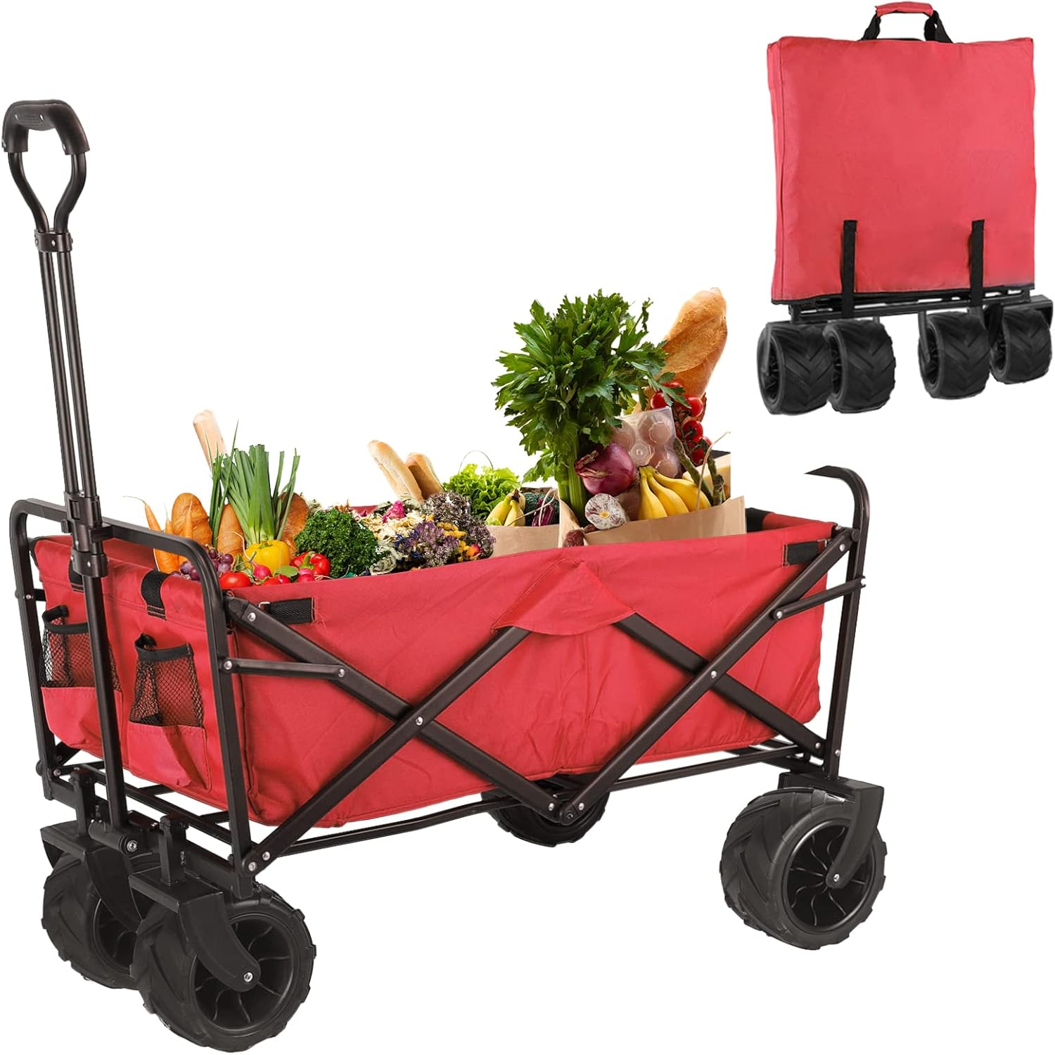 Heavy Duty Folding Wagon Cart w/7'' All-Terrain Wheel, Collapsible Portable Utility Camping Grocery Canvas Wagon w/Carry Bag, Adjustable Handle Prevent Sinking in Sand for Shopping, Park, Beach(Red)&hellip;