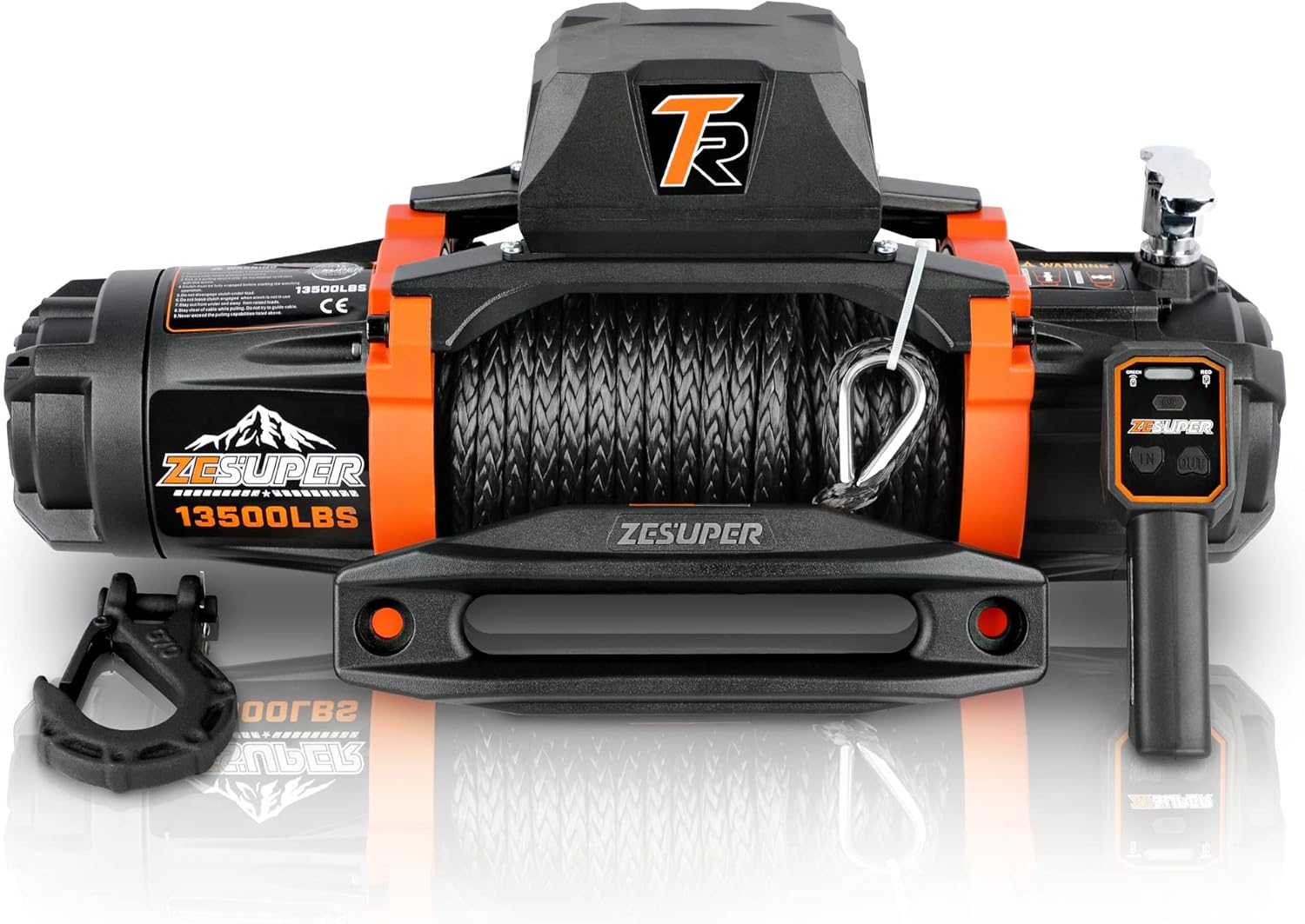 ZESUPER 12V 13500 lb Load Capacity Electric Winch Synthetic Rope Hook Winch Kit Waterproof IP66 Electric Winch with Hawse Fairlead and 2 in 1 Wired Handle and Wireless Remote