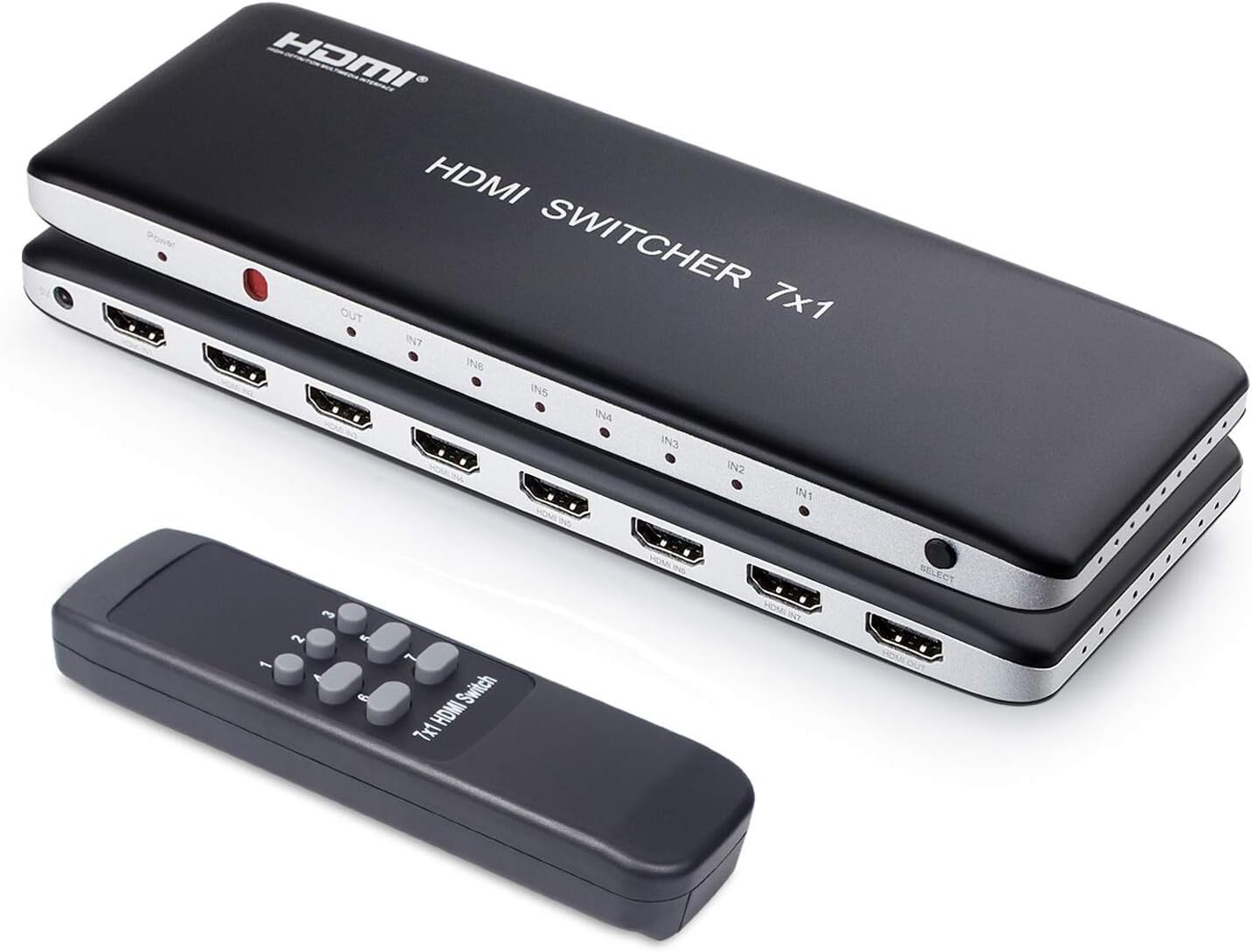 Univivi 7 Port HDMI Switch version2.0 4K@60Hz HDMI Switcher Support HDR & HDCP 2.2,Full HD/3D with IR Wireless Remote Control and Power Adapter Pack of 2