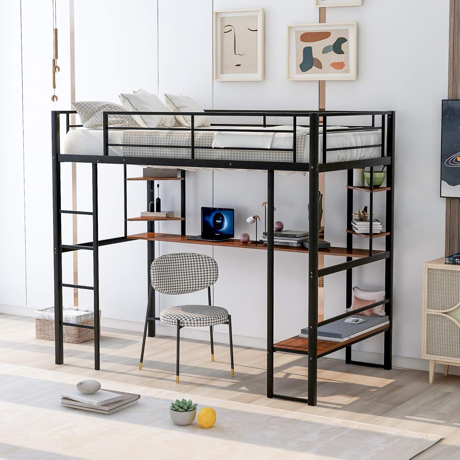 Metal Twin Loft Bed with Desk and Shelf, Space-Saving Bed Frame with Ladders and Safety Guard Rails