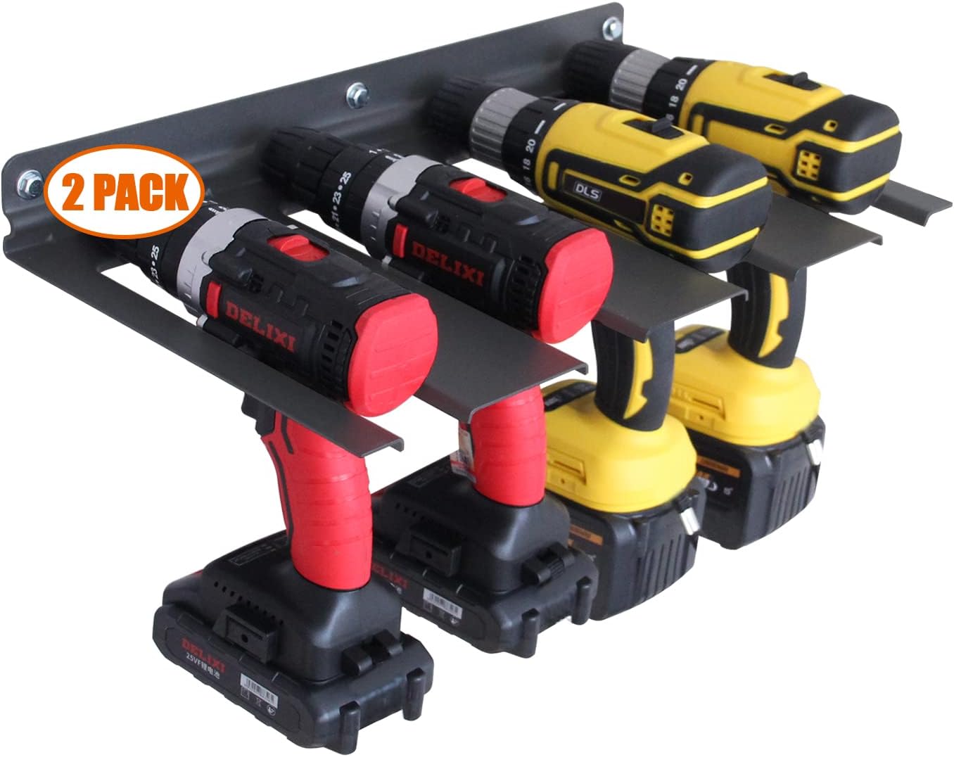 Cordless Drill Storage Rack Holds 4 Drills ,Power Tool Storage Organizer Wall Mount Storage Holder for Garage,Workshop, Shed, Made of Heavy Duty Aluminum (Rack 2 Pack) Pack of 2