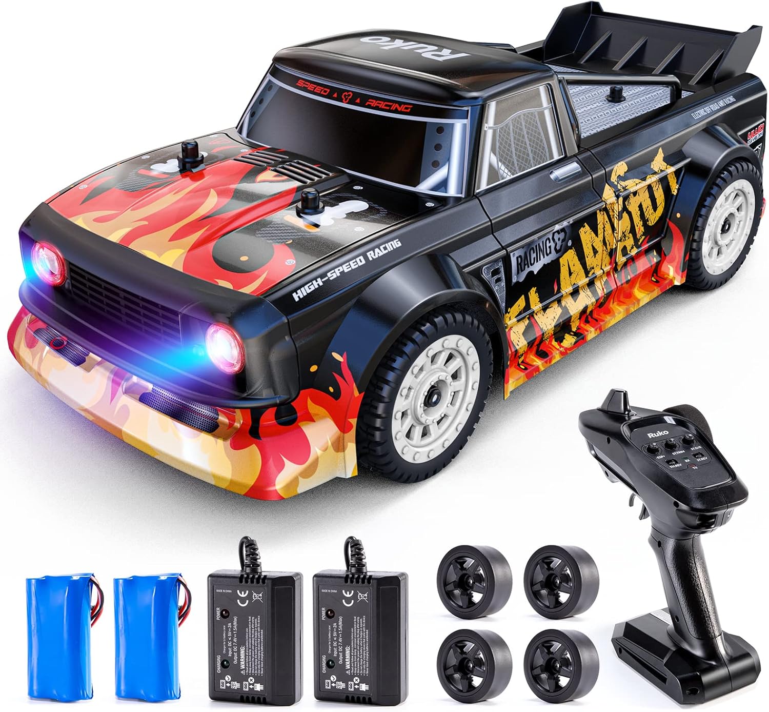 Ruko 1601pro High Speed RC Rally Racing and Drift Car for Adults, 45 KM/H 4WD on Road Remote Control Car with 2 Batteries, 1/16 2.4Ghz RTR Vehicle RC Crawler with Headlights