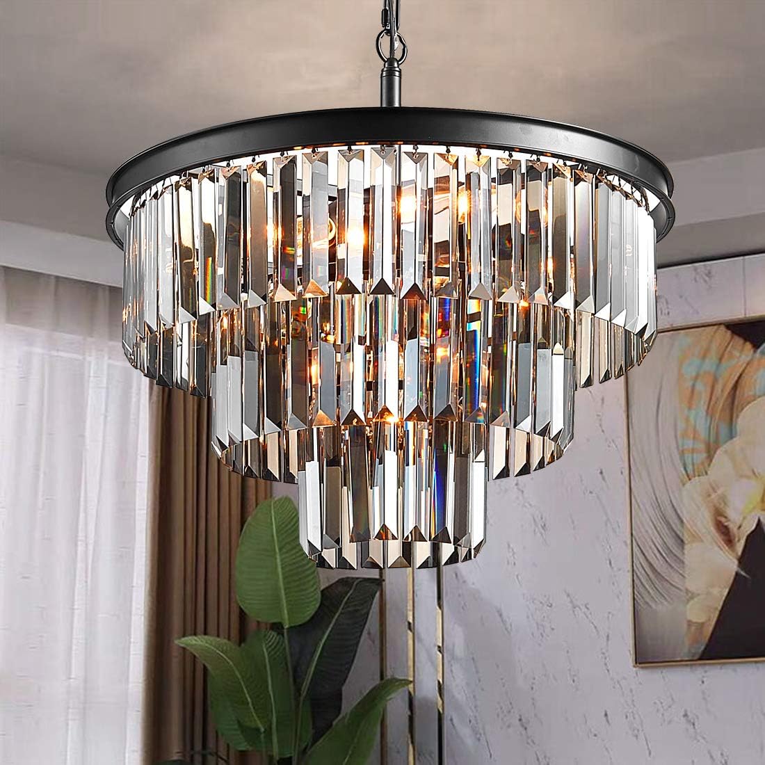 TZOE Luxury Black Smoke Crystal Modern Contemporary Chandeliers Pendant Ceiling Light Fixture 3-Tier Chandelier Lighting for Dining Room Living Room Bedroom Foyer W19.69