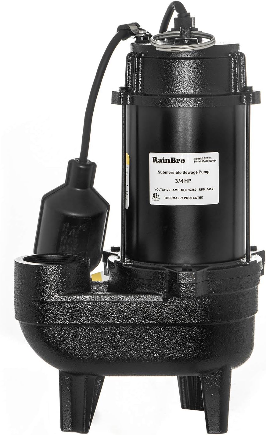 RainBro 3/4 HP Cast iron submersible sewage pump with 10 ft. piggy back tether float switch, Model# CSE075