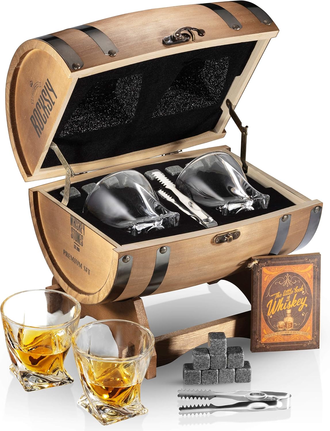 ROCKSLY Whiskey Stones Gift Set for Men in Whiskey Barrel Gift Box | 8 Whiskey Rocks, 2 Whiskey Glasses in a Whiskey Box Gift Set | Granite Bourbon Stones | Whiskey Kit for Men: Dad, Boyfriend Pack of 2