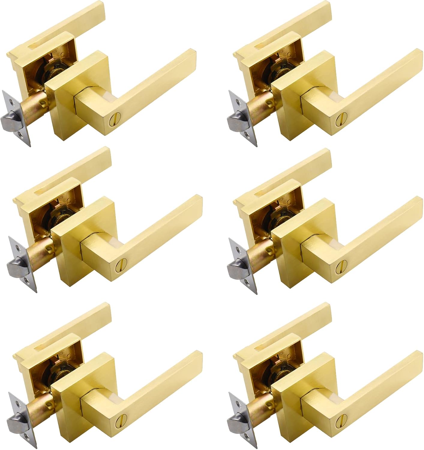 HPSN 6Pcs Gold Door Handle, Privacy Door Knobs with Lock Heavy Duty Door Levers for Bedroom, Bathroom and Other Privacy Doors, Satin Brass Finish 2.07lb One Lever, No Key