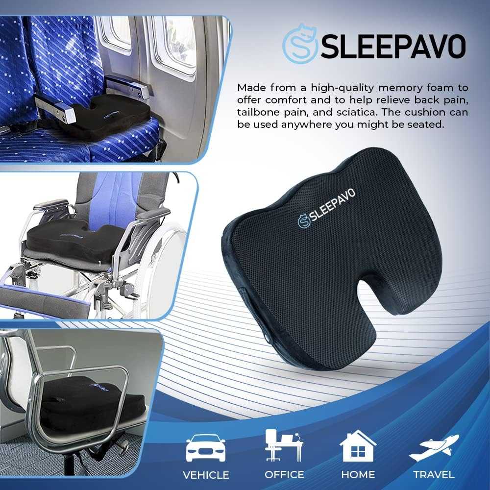 Sleepavo Memory Foam Seat Cushion - Chair Pillow for Sciatica, Coccyx, Back & Tailbone Pain Relief - Orthopedic Chair Pad for Support in Office Desk Chair, Car, Wheelchair & Airplane
