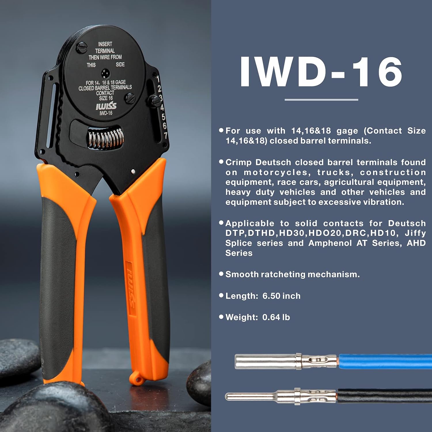 IWISS Closed Barrel Crimper 4 Way Indent,8 Impression Type for Deutsch Solid Contacts gage 14,16&18(IWD-16)