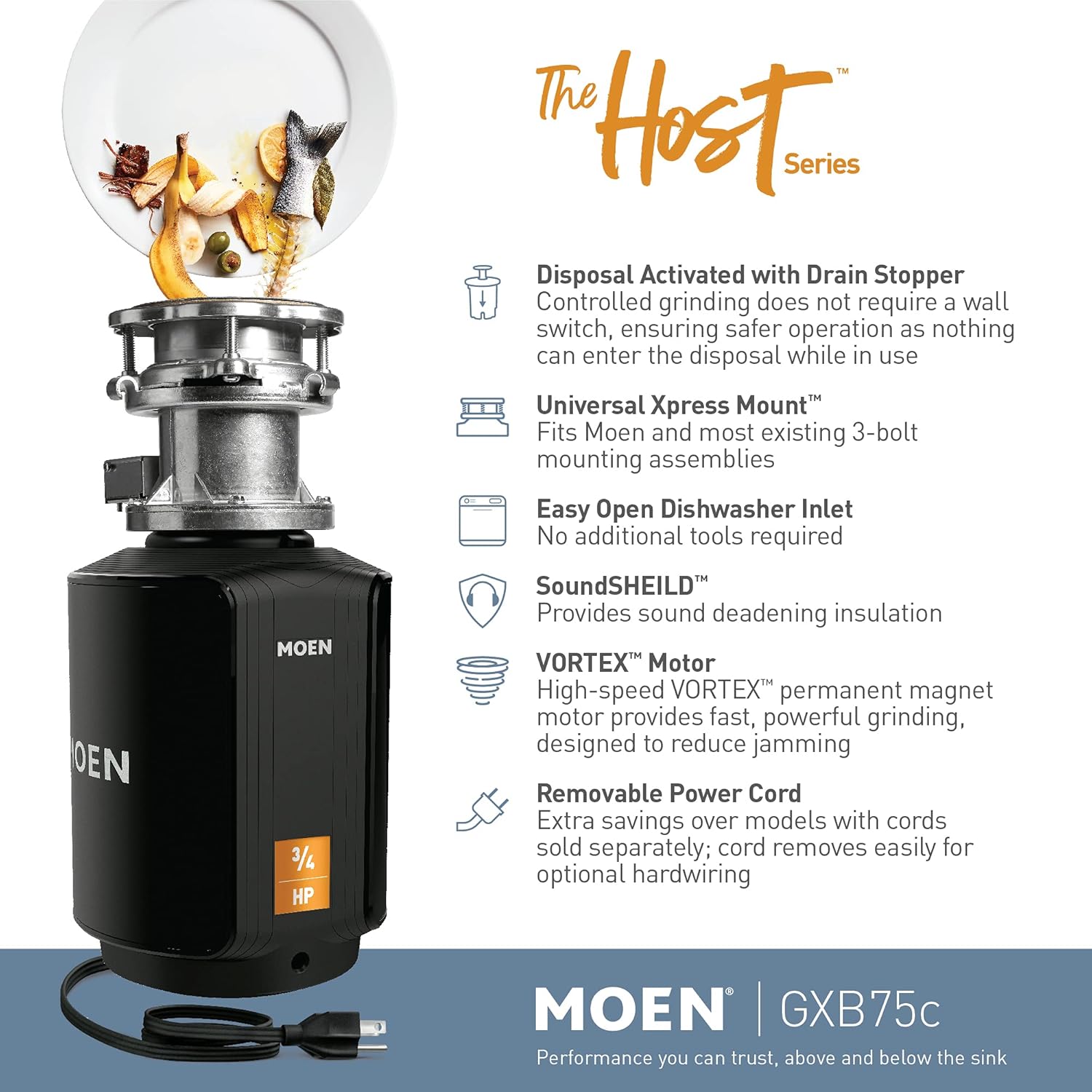 Moen GXB75C Host Series Control Activation 3/4 HP Garbage Disposal with Sound Reduction, Power Cord Included
