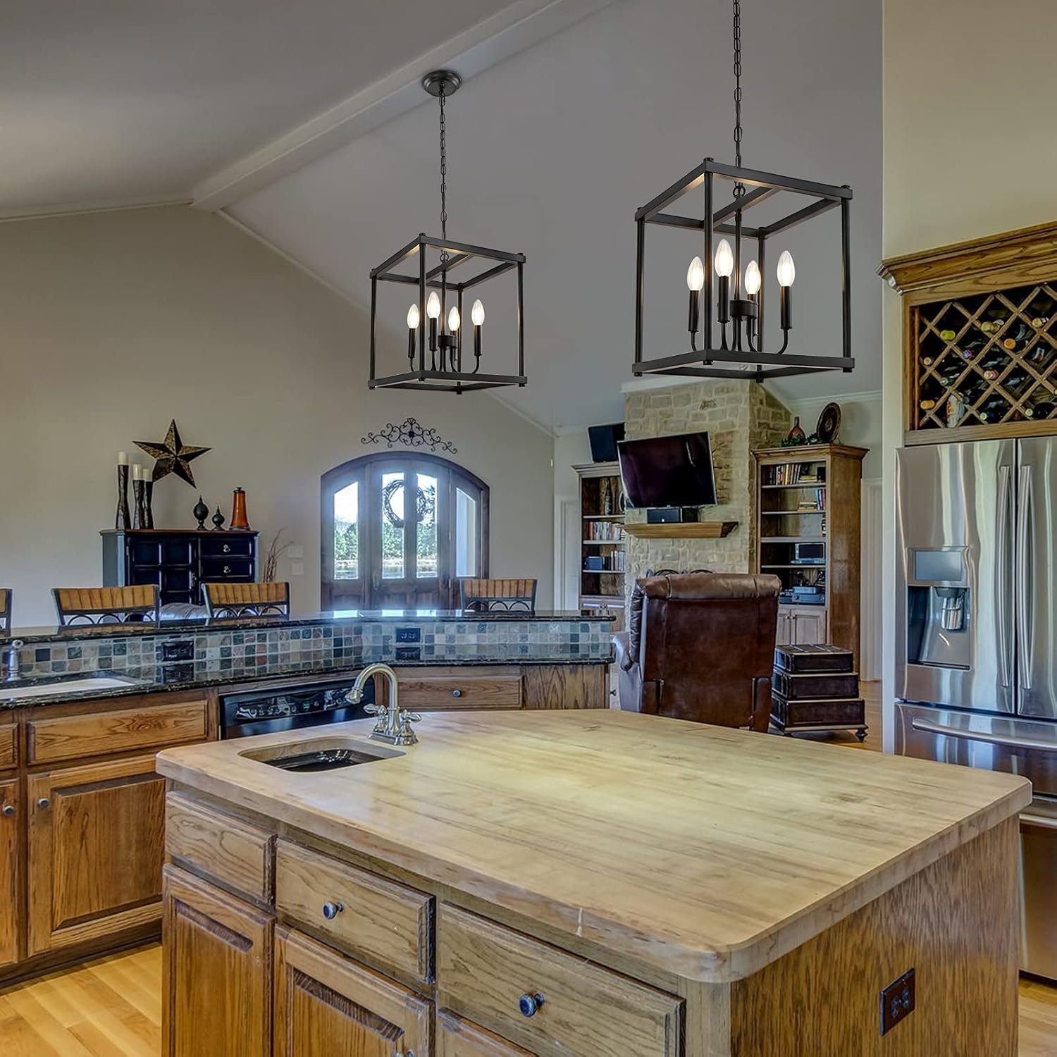 LynPon Black Farmhouse Chandelier 4 Lights Foyer Entryway Light Fixtures Modern Chandeliers Industrial Lantern Pendant Light Ceiling Light for Kitchen Island Dining Room Living Room Bedroom