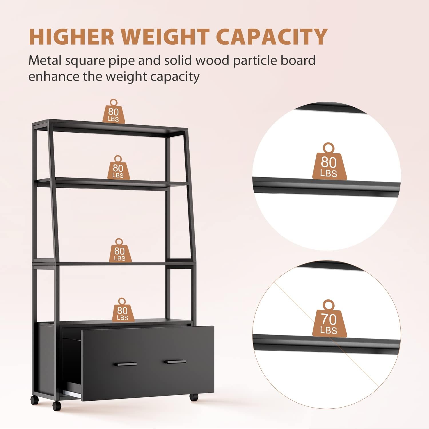 Rimdoc File Cabinet with Drawer, Office Filing Cabinet for Letter/Legal/A4 File Size, Hanging File Folders, Rolling Storage Cabinet Printer Stand with Open Storage Shelves for Home Office, Black