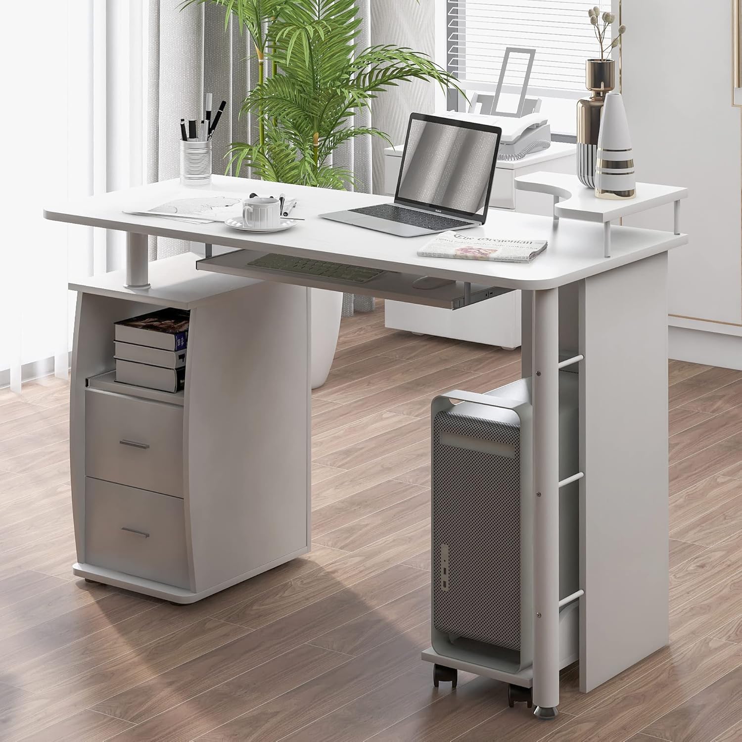 Merax Computer Desk with Drawers，Modern Home Office Desk, Computer Desk with Keyboard Tray/Hutch/Shelves/Storage and Monitor Shelf,Spacious Study Writing Desk Workstation