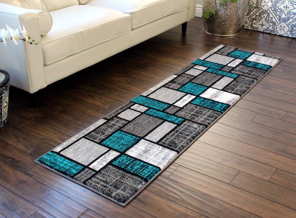 Masada Rugs, Stephanie Collection Area Rug Modern Contemporary Design 1110 Turquoise Grey White Black (2 Feet X 7 Feet 3 Inch) Runner
