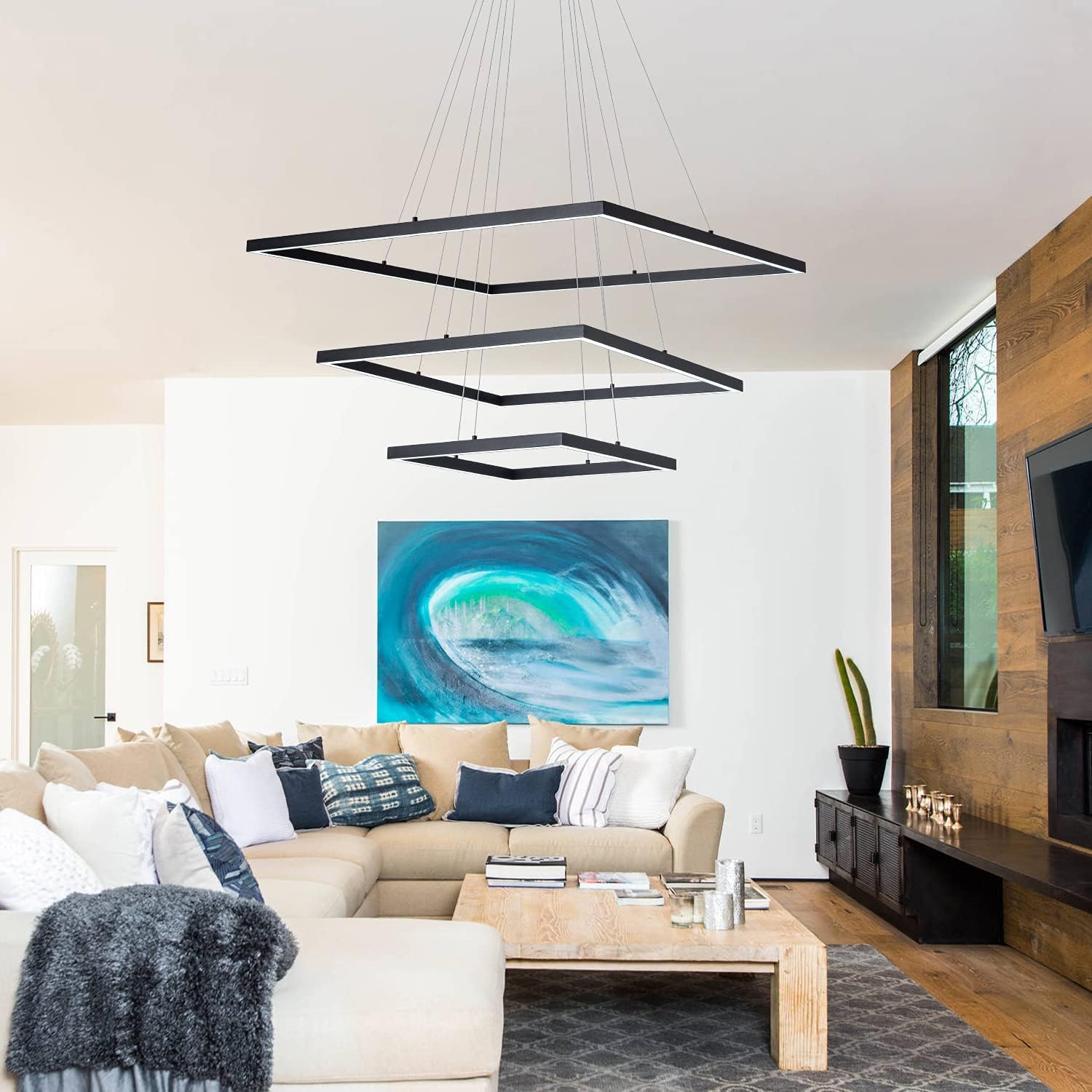 MADEM Modern Square LED Pendant 3 Ring Chandeliers Dimmable Pedant Light Adjustable Pendant Ceiling Light Fixture for Living Dining Room,Bedroom, 6000K Cool White, 130W Black