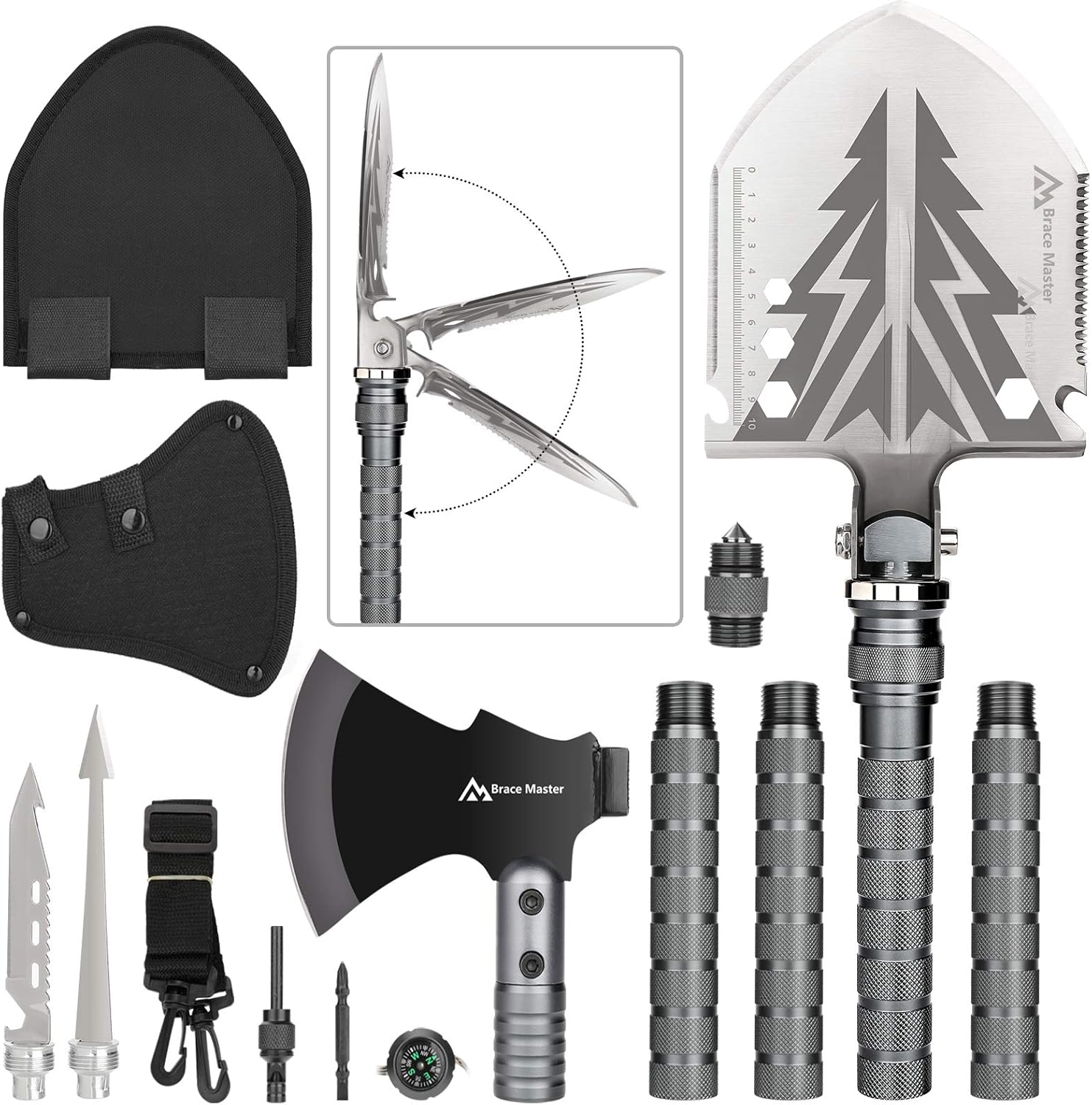Brace Master Camping Shovel and Axe, Survival Multitool Shovel Axe，for Camping, Hiking, Backpacking, and Emergency