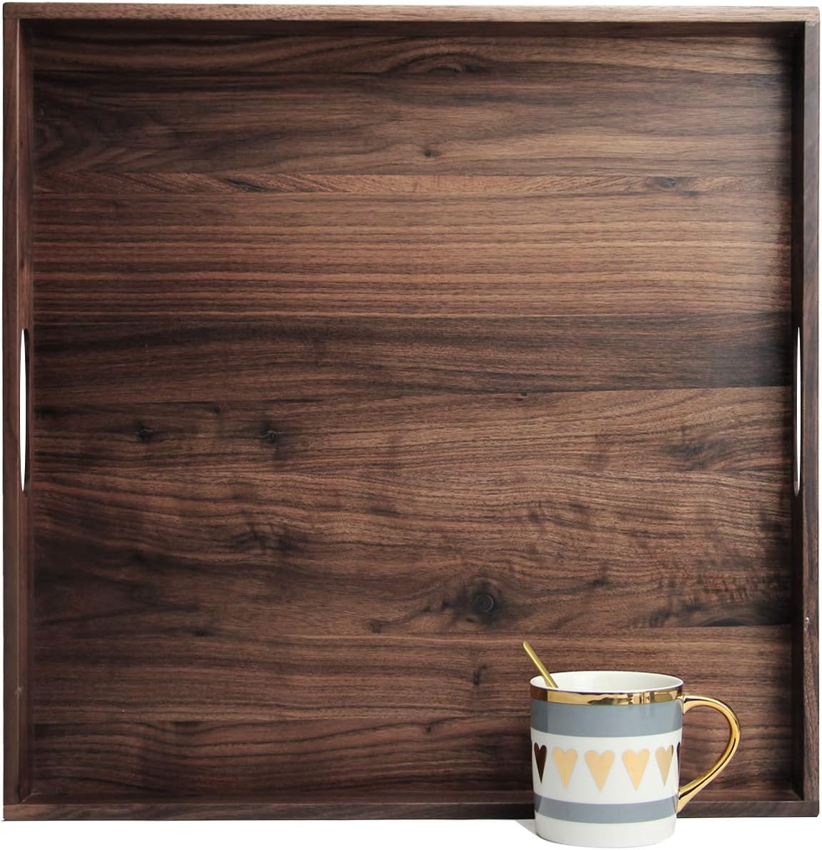 MAGIGO 19 x 19 Inches Large Square Black Walnut Wood Ottoman Tray with Handles, Serve Tea, Coffee Classic Wooden Decorative Serving Tray Pack of 2