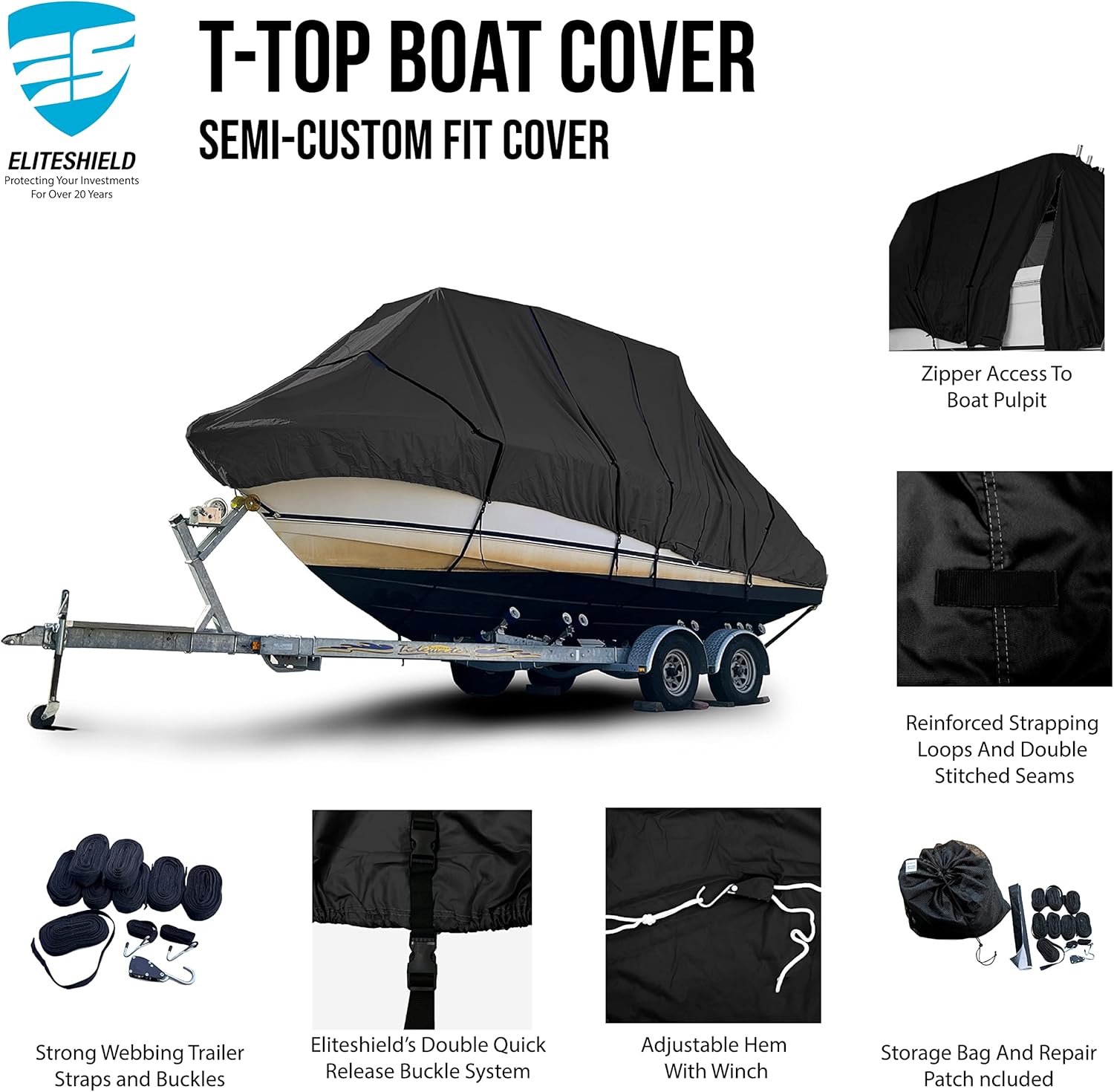 Eliteshield Heavy Duty T Top Hard Top Boat Cover, Marine Grade Solution-Dyed Polyester, UV Treated, Water Resistant, Fade Resistant, Tear Resistant Black Color 18 feet to 19 feet Long, 102