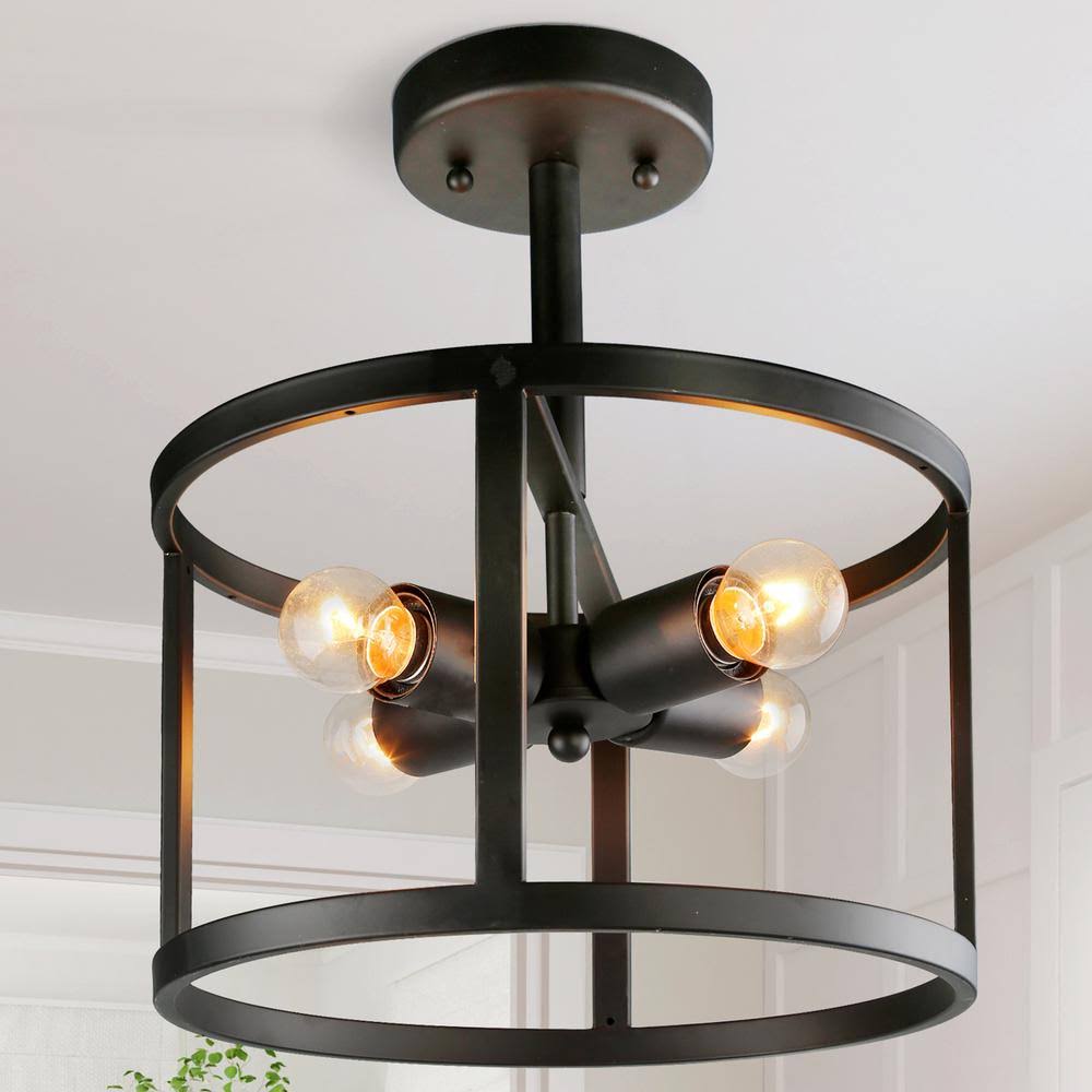 LNC Vintage Versatile 4-Light Classic Black Cage Industrial Semi-Flush Mount Kitchen Ceiling Light A02969