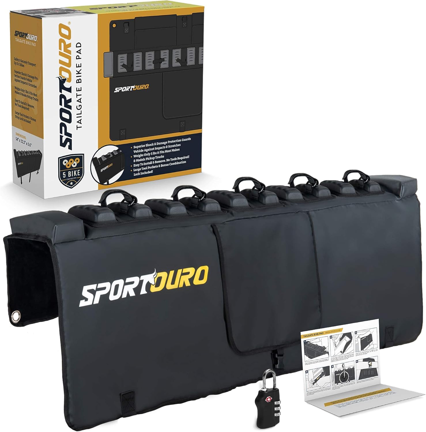 SPORTOURO Tailgate Bike Pads for Truck - 5-Bike Rack for Truck Tailgate Pad with PVC Top, Flannel Bottom, Zipper Pockets, Secure Combo Lockable Tailgate Covers for Trucks - Bike Blanket Tailgate