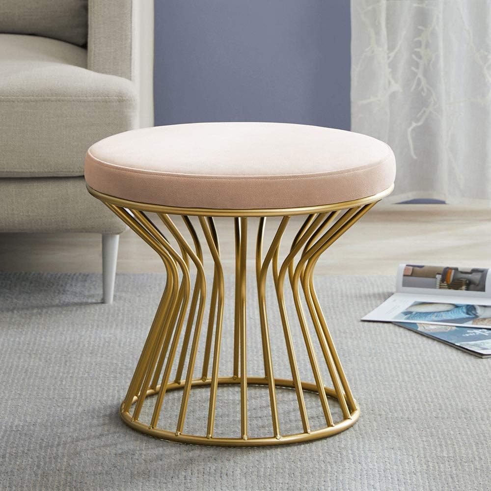 Cardinal & Crest Luxurious Velvet Covered Ottoman Footrest - Modern Round Stool Seat w/Sturdy Gold Metal Base - No Assembly Required Accent Furniture Perfect for Use in Any Room - Gray Velvet Color