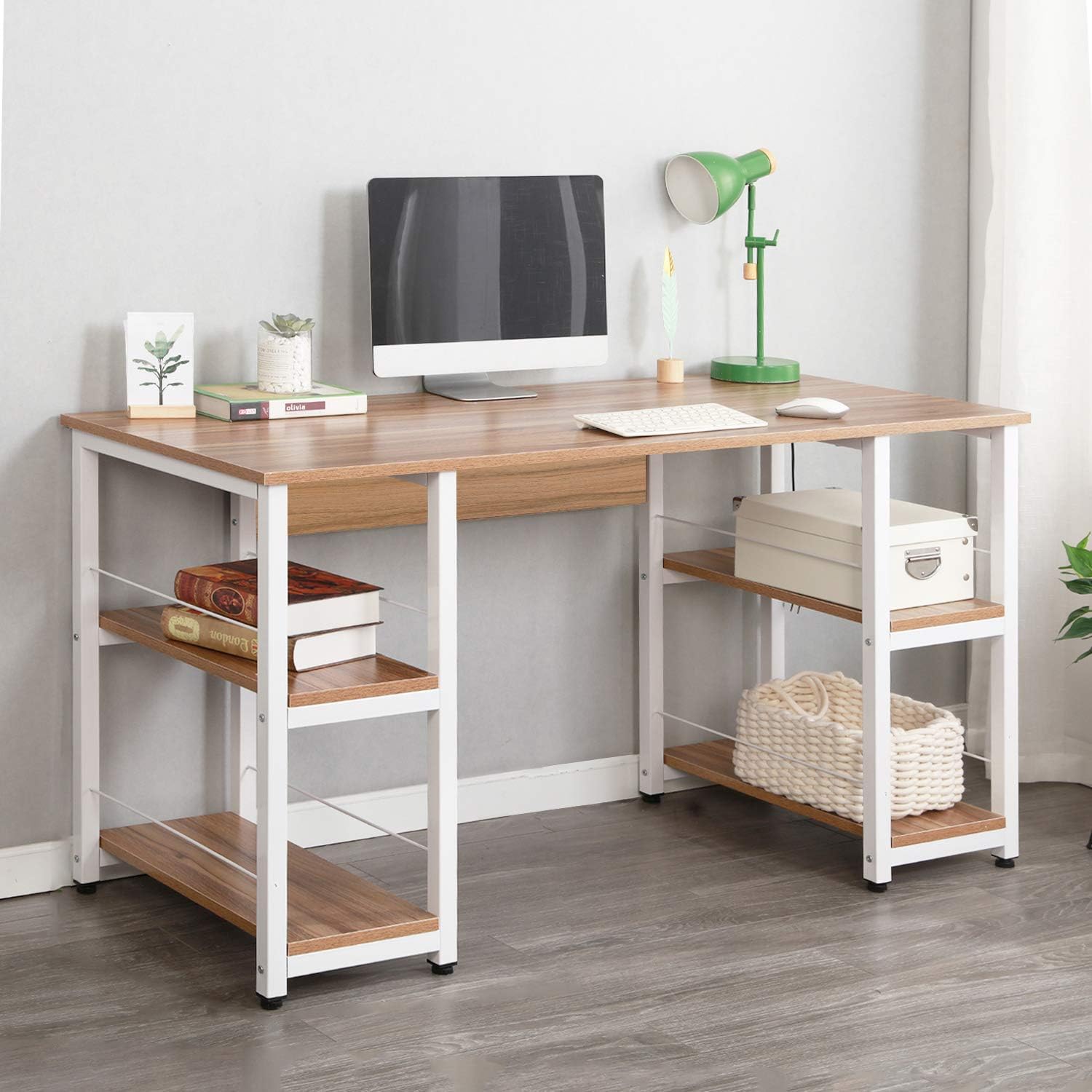 SogesGame Computer Home Office Desk, 55 Inch Study Writing Table with Storage Shelves, Modern Simple Style PC Desk, Black