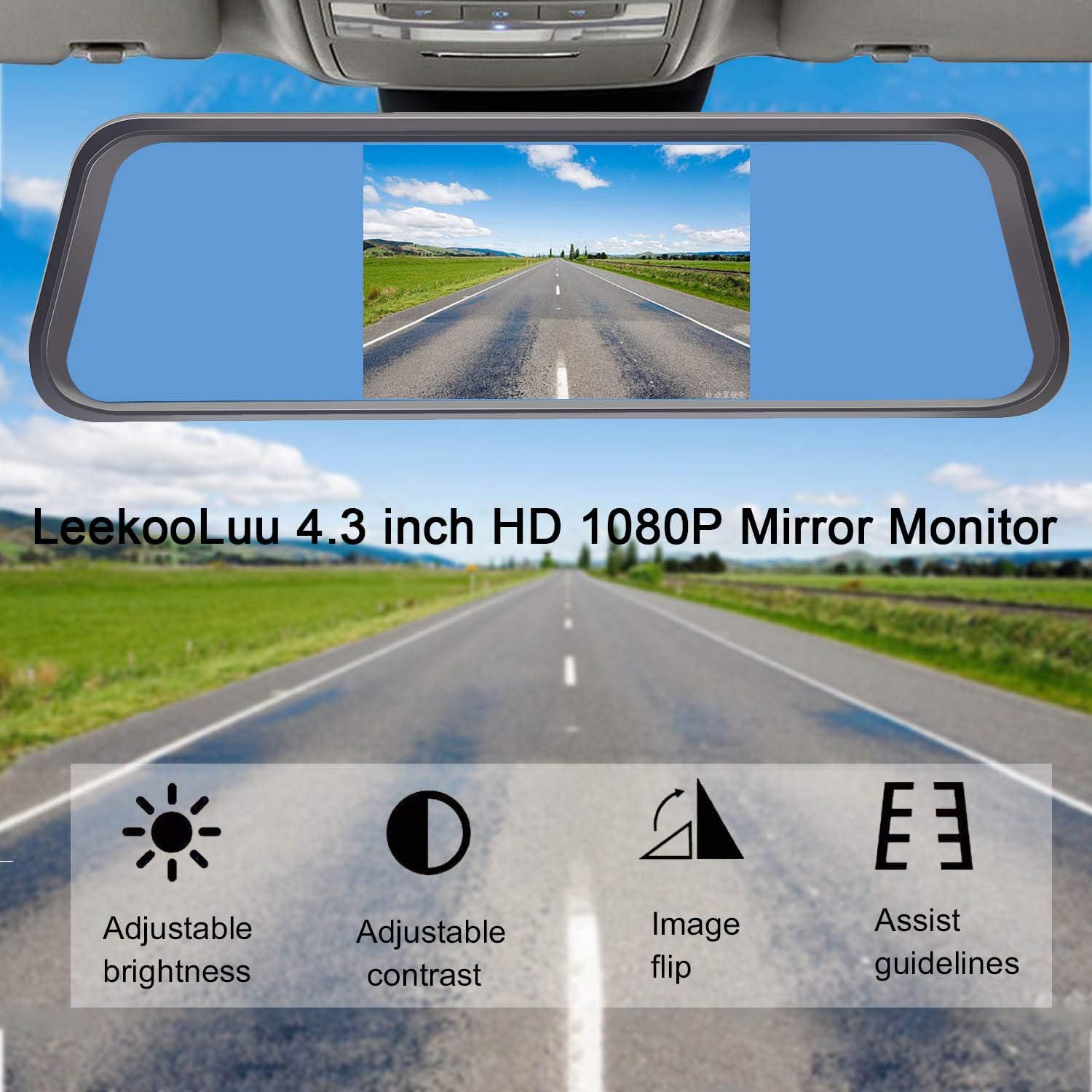 Rear View Mirror Camera for Cars,SUVs,Trucks HD 1080P with 4.3'' Mirror Backup Camera Monitor Wired Kit One Wire Plug and Play System IP69 Waterproof DIY Grid Lines LeeKooLuu LK1