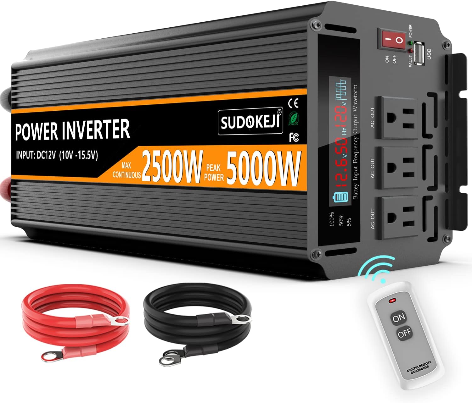 SUDOKEJI 2500W Power Inverter 12V DC to AC 110V/120V (Peak) 5000W Converter 3 sockets car Inverter with Remote Control and LED Display 3.4v USB Port