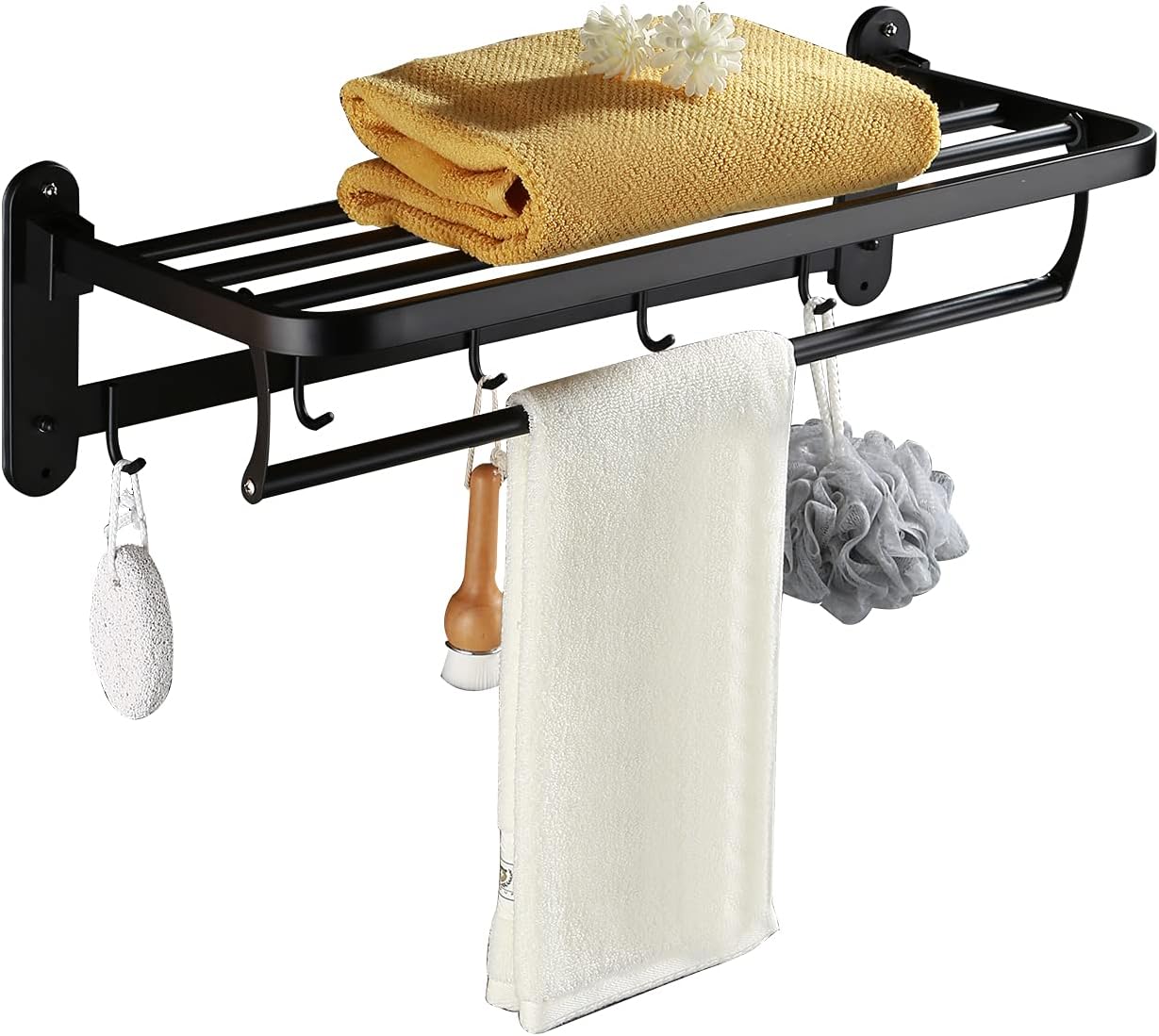 YNTALL 24 Inch Bathroom Shelf with Foldable Towel Bar Holder and 5 Towel Hooks Double Towel Rack for Bathroom Wall Mounted SUS304 Stainless Steel No Rust Polished Chrome Double Towel Bar Pack of 2