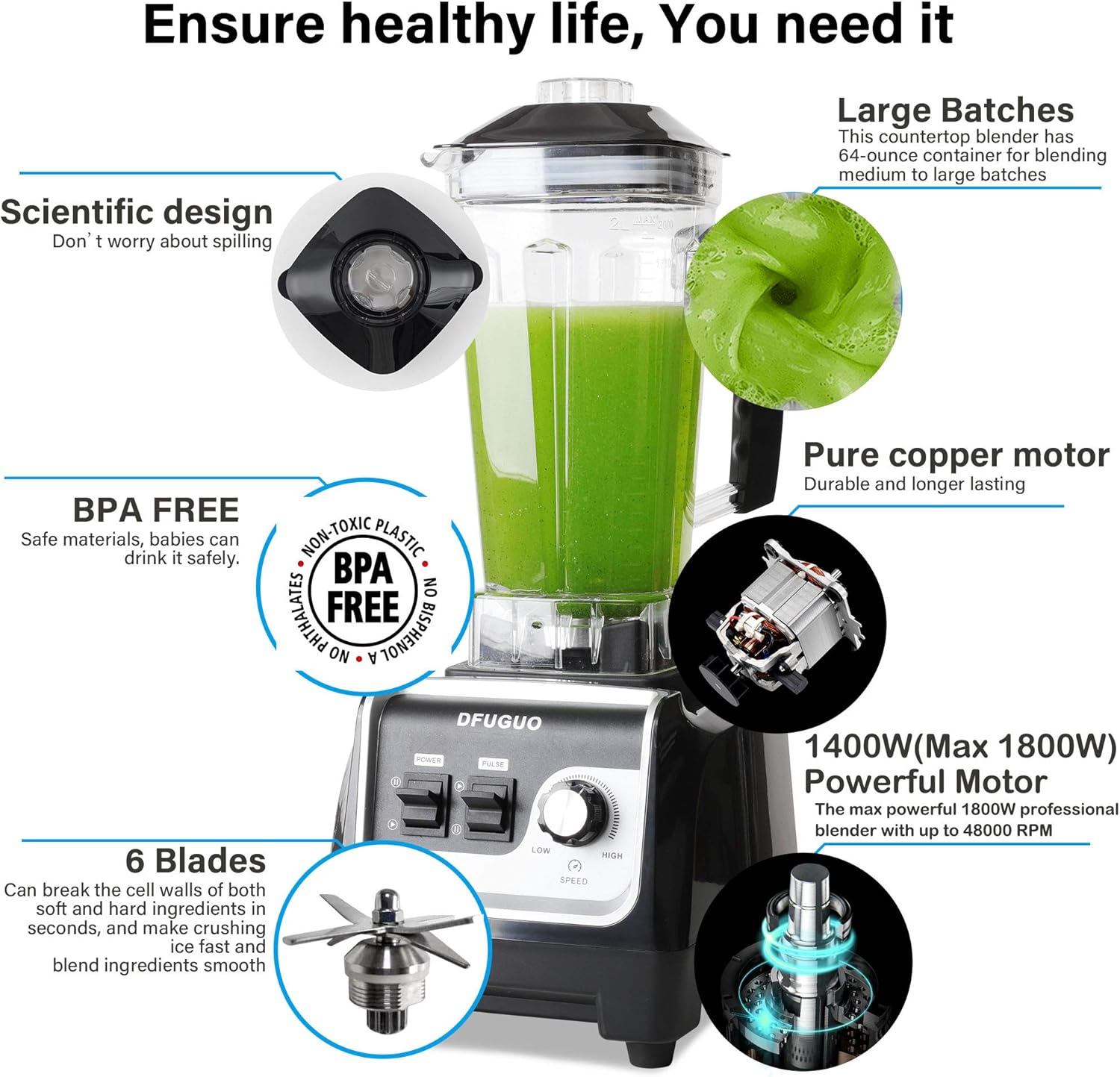 Professional Blender, Countertop Blender for Kitchen with Max 1800-Watt and Variable Speed for Smoothies, Ice and Frozen Fruit, Self-Cleaning 64 oz Container(Black)