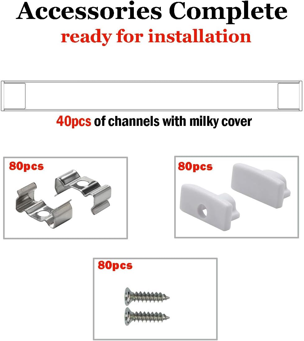 Aluminum Channels for Led Strip Lights - StarlandLed 40Pack Led Profile U Track with Cover Diffuser and Complete Mounting Accessories,1 Meter Segments