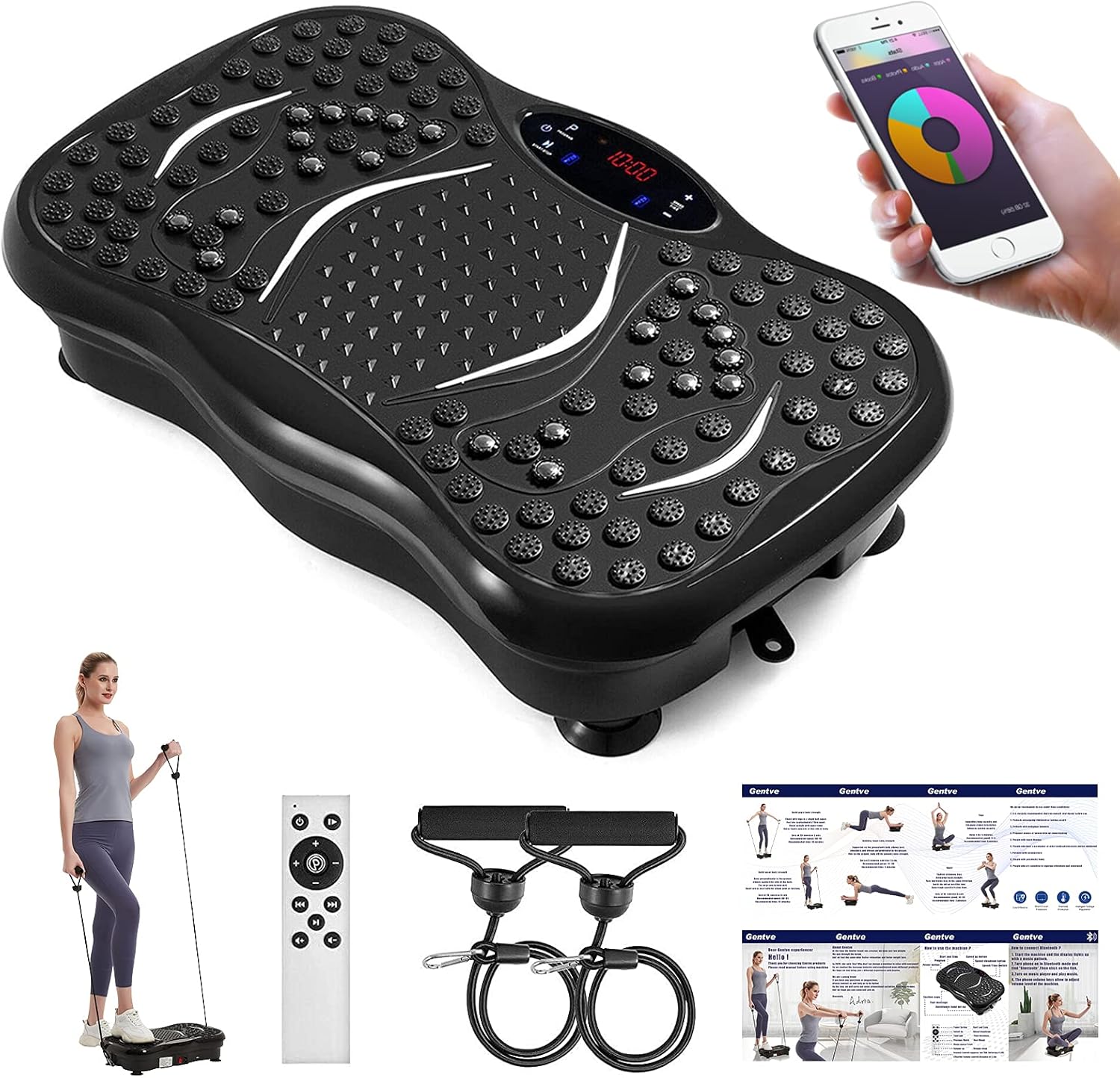 Gentve Vibration Plate Exercise Machine - Whole Body Workout Machine ，Fitness Vibration Platform Machine for Weight Loss & Foots Massage with Loop Bands + Bluetooth + Remote, 99 Levels
