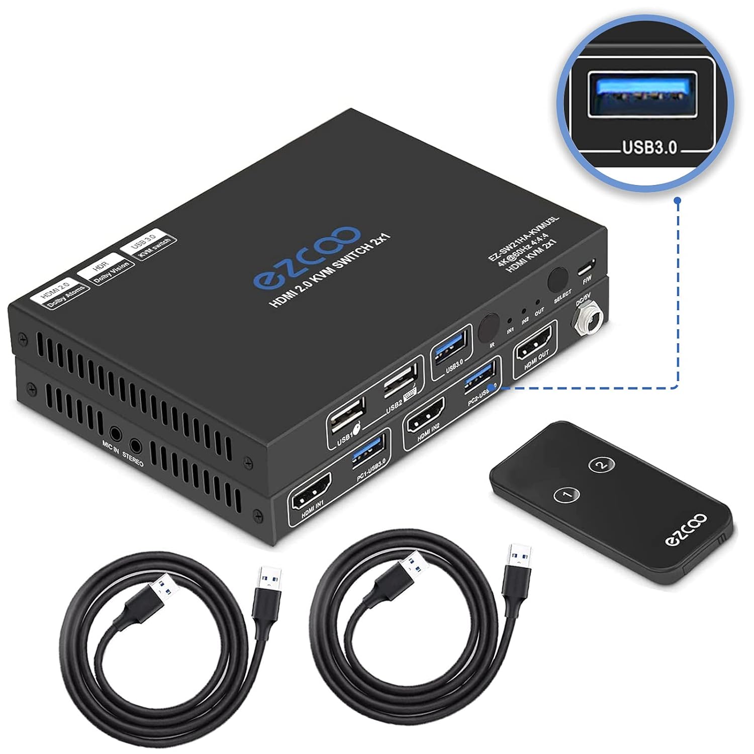 USB 3.0 KVM Switch HDMI 2-Port 4K60 4:4:4 HDR Atmos 1 Monitor with Stereo Audio Extractor Mic IR Remote - for 2 Computers Share Keyboard Mouse Printer, 2 USB3.0 Cables,USB Selector Hub SW21KVM