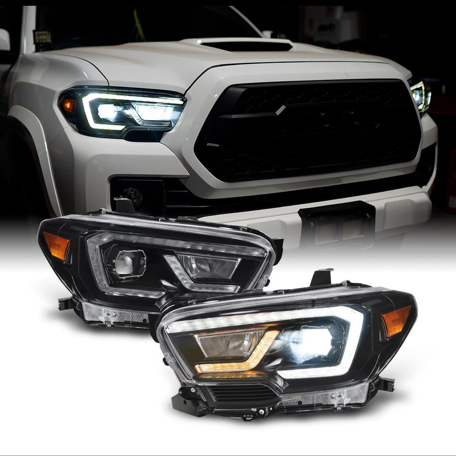 AKKON - [Full LED] For 2016-2022 Toyota Tacoma SR/SR5 LED Sequential Retrofit Projector Chrome Headlights Assemblies