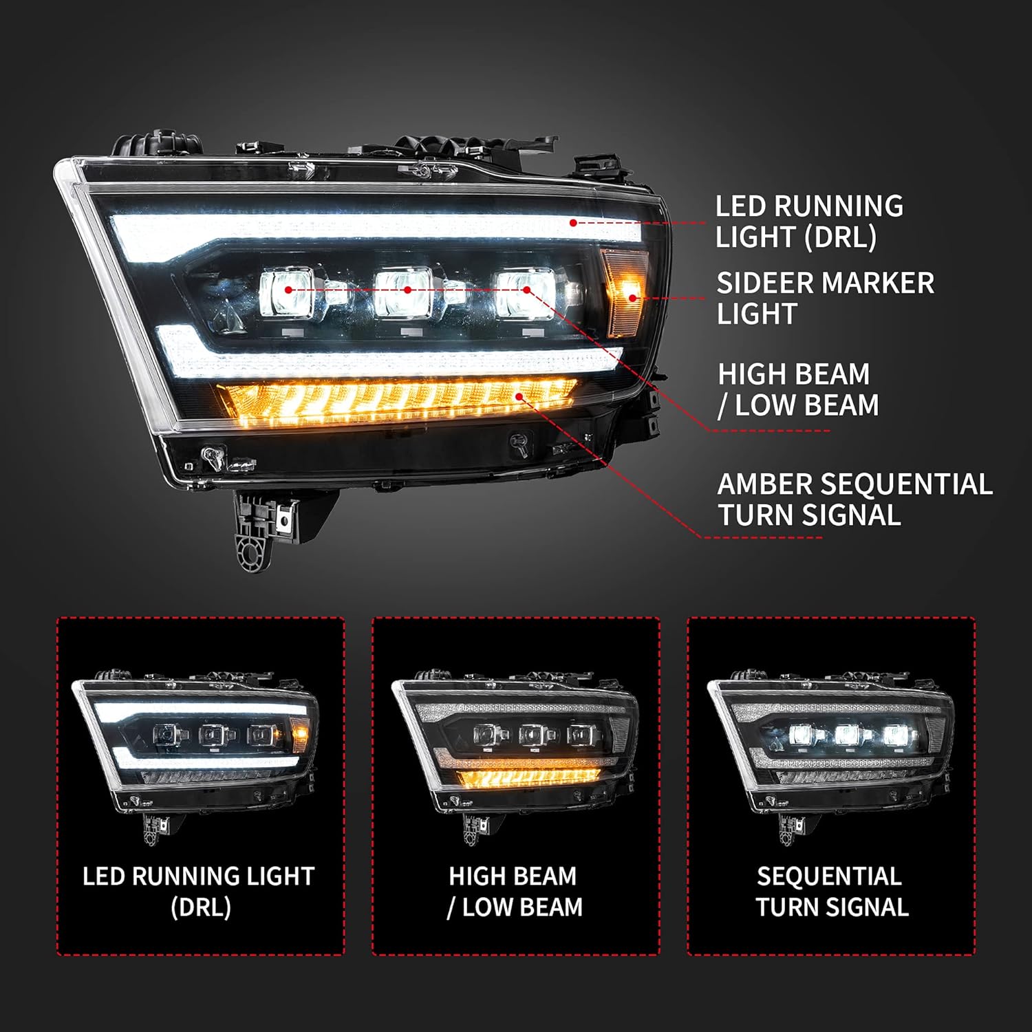 YUANZHENG Sequential Signal LED HeadLights Compatible for DODGE RAM 1500 (Tradesman, Bighorn, Laramie Rebel) 2019-2020 With Clear Reflectors, Not fit RAM 1500 Classic & Old Body /TRX/ Halogen Factory