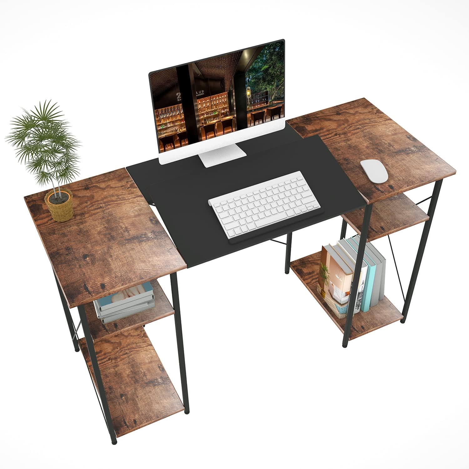 Home Office Computer Desk, Study Writing Desk with 4 Storage Shelves, Student Desks for Bedroom & Home, Rustic Brown & Black 55 inches