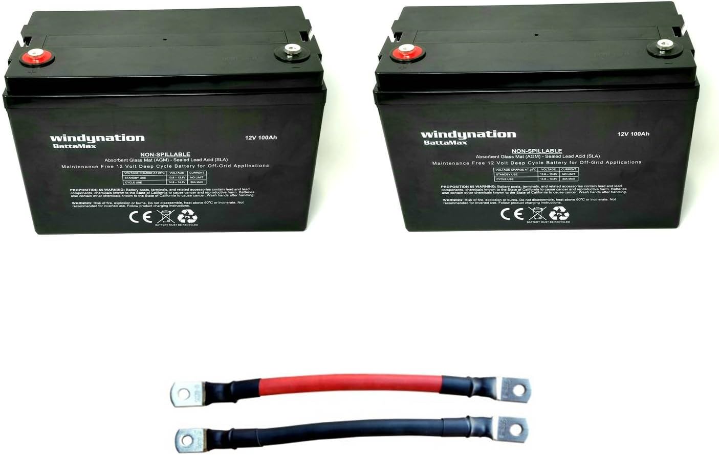 2pcs WindyNation 100 amp-Hour 100AH 12V 12 Volt AGM Deep Cycle Sealed Lead Acid Battery - Solar RV UPS Off-Grid (2 pcs 100 amp-Hour)