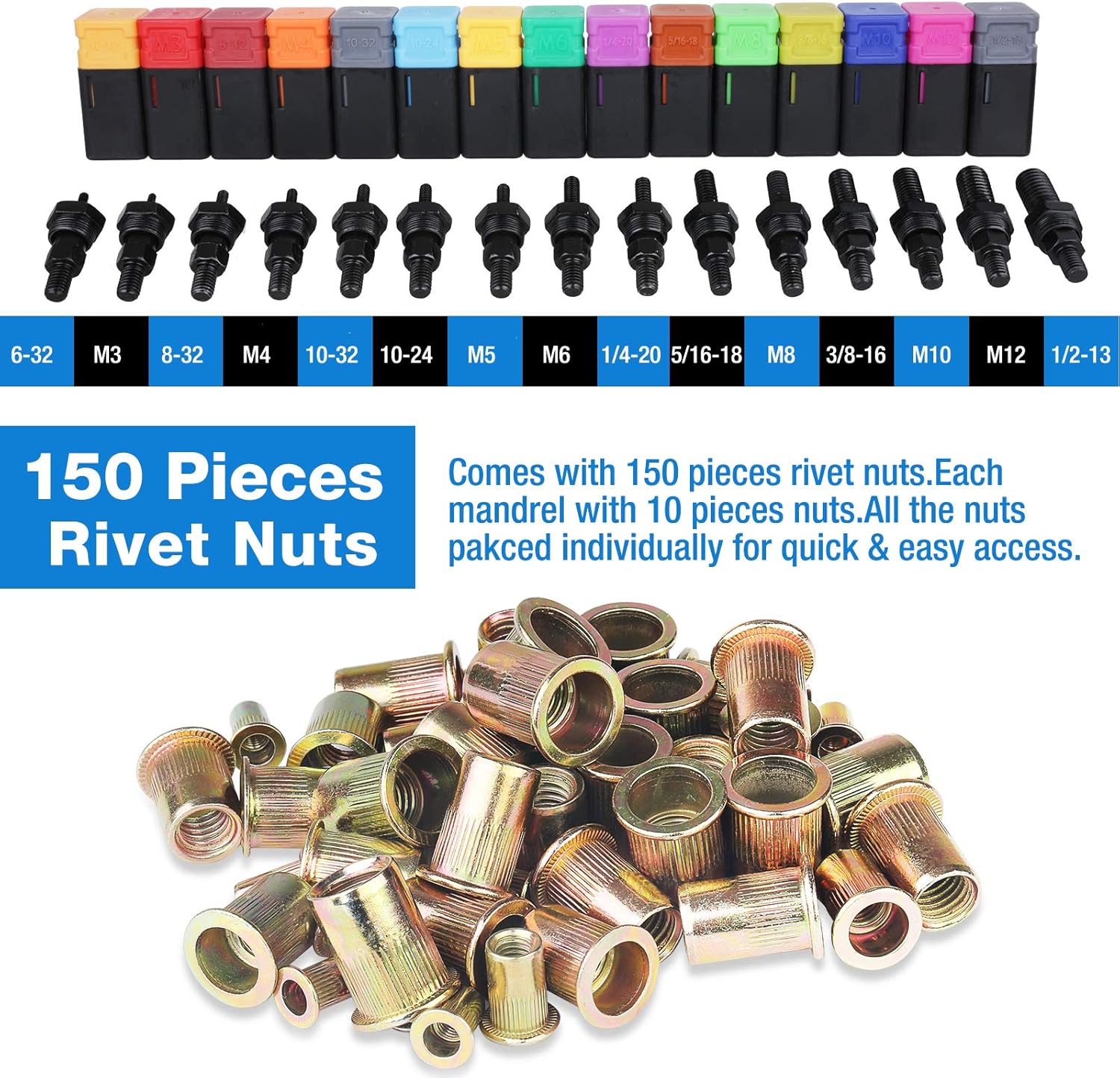 16”Hand Rivet Nut Tool, Professional Rivet Nut Setter Kit with 15PCS Metric & Inch Mandrels,150PCS Rivet Nuts, Sturdy Plastic Case Pack of 2