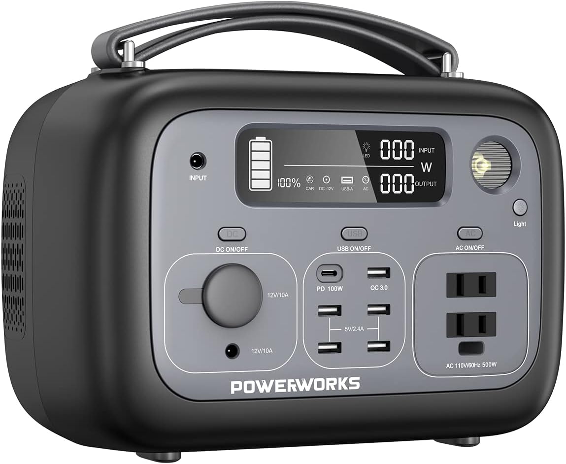 Powerworks Portable Generator 540Wh,PSE701 Portable Power Station,110V/500W 10-Port Outdoor Generator with 2 AC Outlets,100W USB-C PD Output,1 Fast Charge,LED Light for Camping,RV,Emergency
