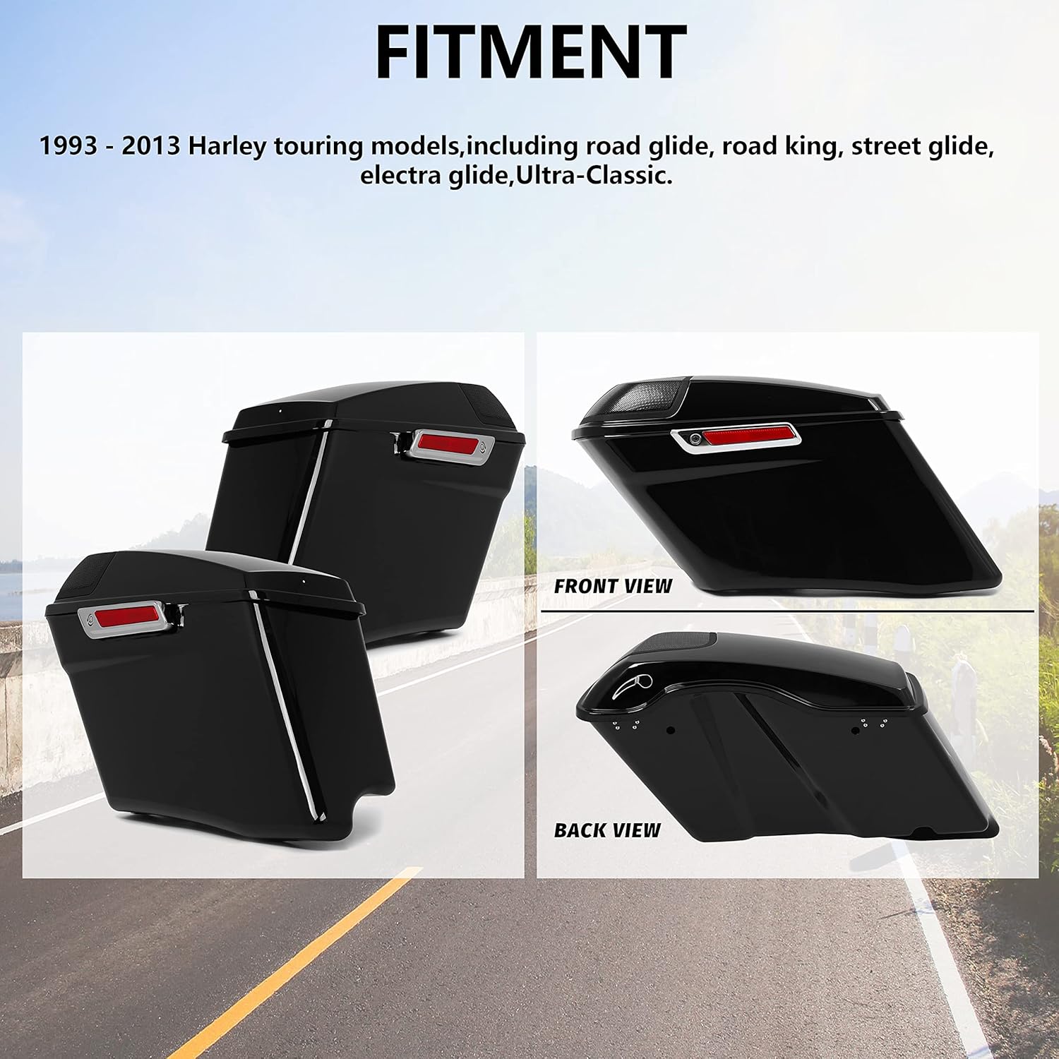 ECOTRIC 5'' Hard Saddle Bags Trunk Stretched Extended with Speaker Lids & Latch Key Compatible with Harley 1993-2013 Davidson Road King Glide Softail All Touring Models (Black-Style-2)