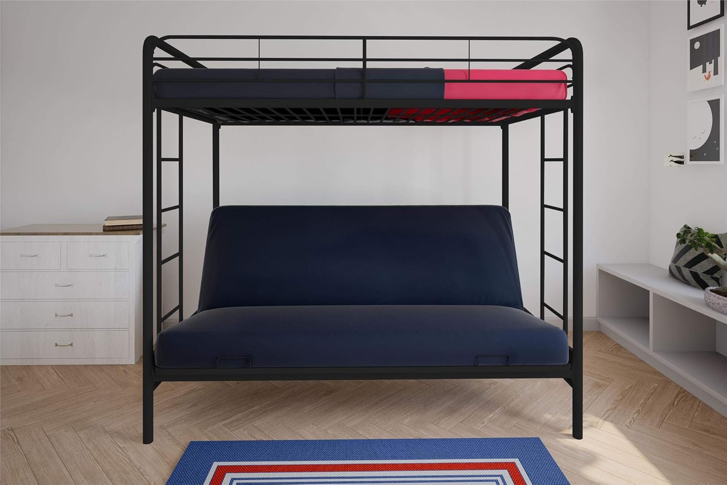 DHP Twin-Over-Full Bunk Bed with Metal Frame and Ladder, Space-Saving Design, Black