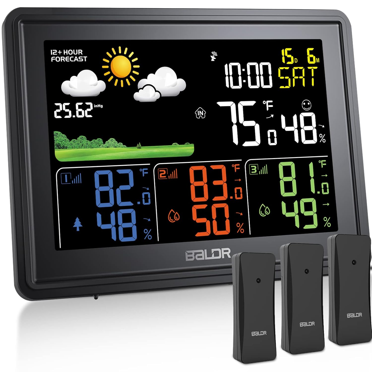 BALDR Weather Station with 3 Sensors, Weather Stations Wireless Indoor Outdoor, Outdoor Thermometer Wireless Predict 12-24 Hours Future Weather, Temperature Humidity Monitors and Snooze Clock(Black)