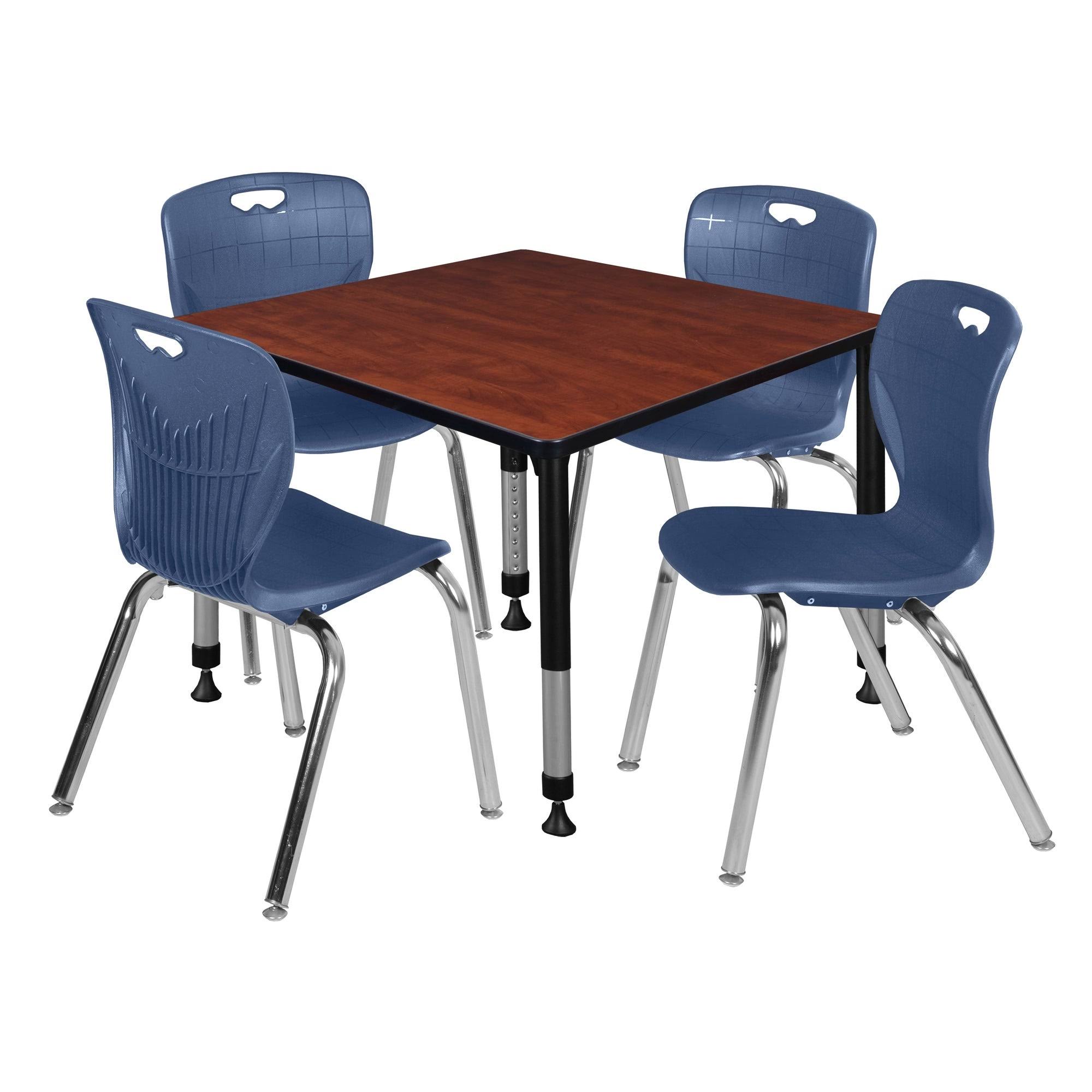 Kee 36x22 Square Height Adjustable Classroom Table - Cherry u0026 4 Andy 18-in Stack Chairs- Navy Blue