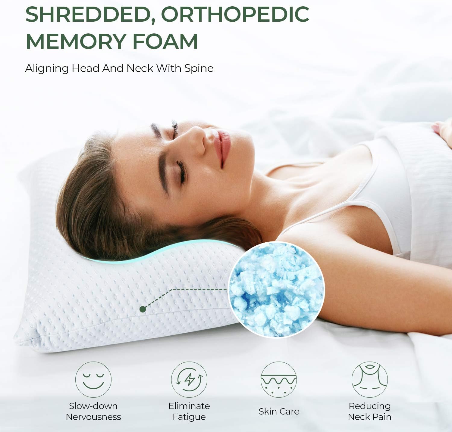 Shredded Memory Foam Pillow for Sleeping, Soft Adjustable Bed Pillows with Washable Bamboo Pillow Cover for Back & Side Sleepers, CertiPUR-US (Queen)