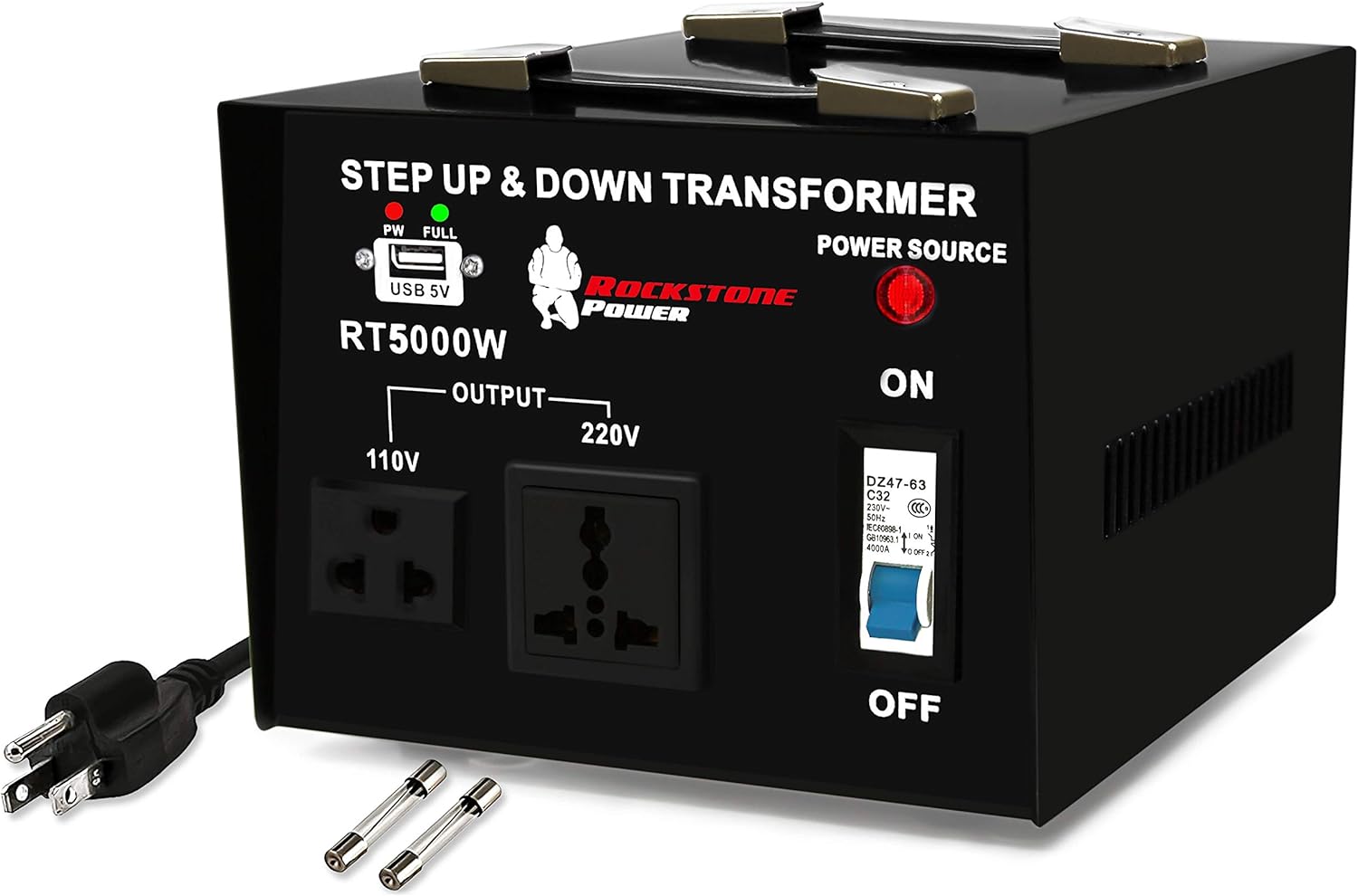 ROCKSTONE POWER 5000 Watt Voltage Converter Transformer - Heavy Duty Step Up/Down AC 110V/120V/220V/240V Power Converter - Circuit Breaker Protection &ndash; DC 5V USB Port - CE Certified [3-Year Warranty]