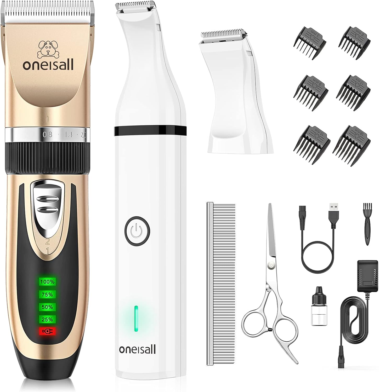 oneisall Dog Clippers and Dog Paw Trimmer Kit 2 in 1 Low Noise Cordless Dog Clippers for Grooming Pet Hair Trimmers for Small and Large Dogs Cats Animals Pack of 2