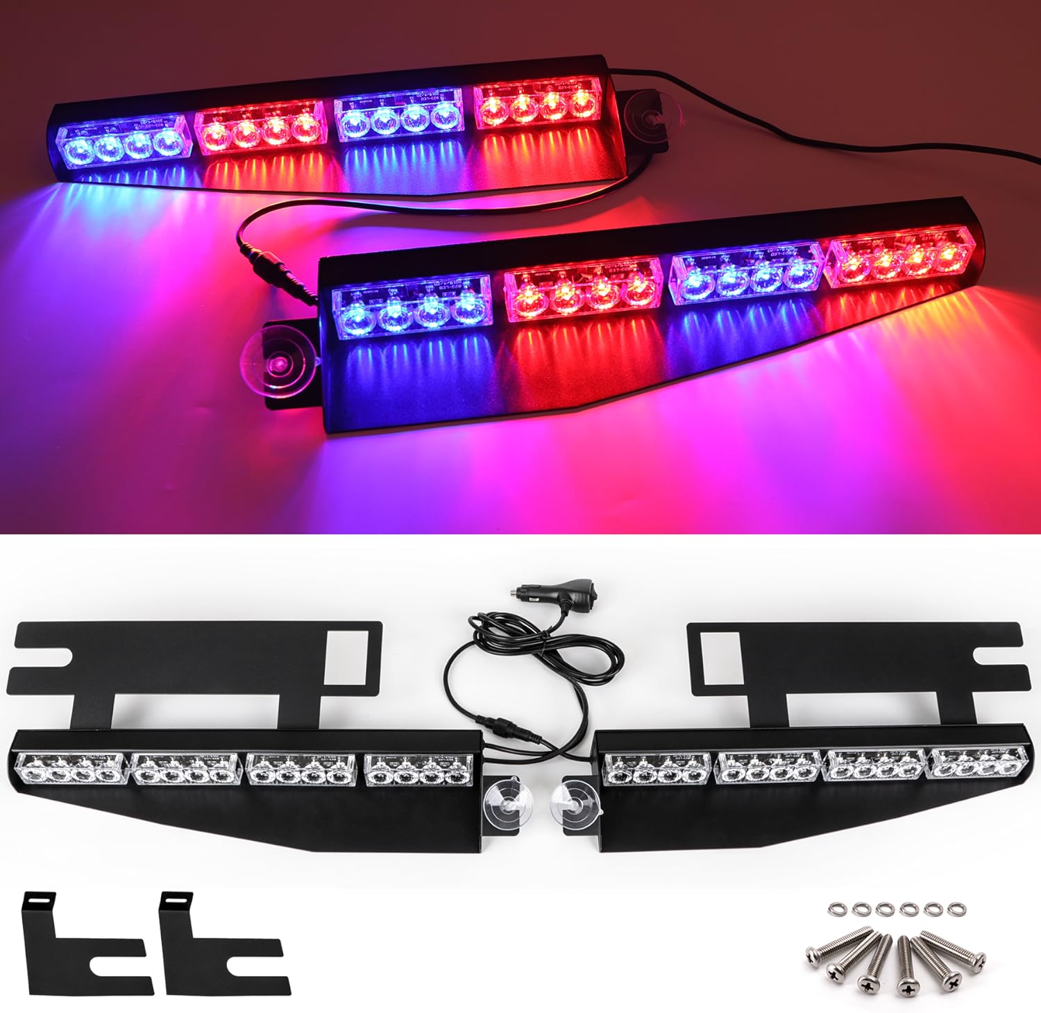 PIILOO 32LED Visor Strobe Light Bar 26 Flashing Mode Interior Windshield Dash Sunvisor Emergency Hazard Warning Lights Traffic Advisor Bracket Split Mount for Security Law Enforcement Truck (Red&Blue) Pack of 2