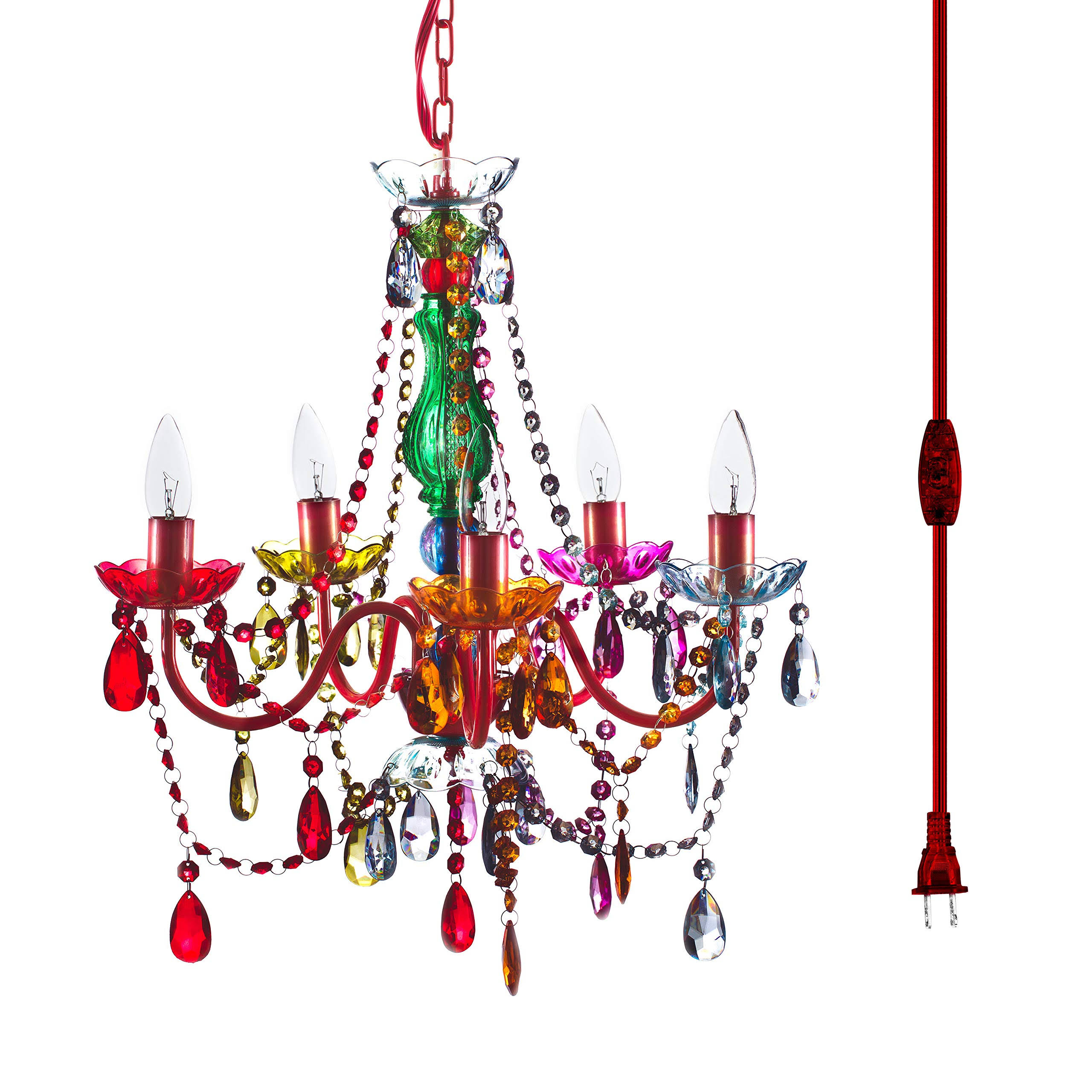 The Original 5 Light Multi Color Plug-In Gypsy Chandelier H21 inch W19 inch, Red Metal Frame with Multi Color Acrylic Crystals