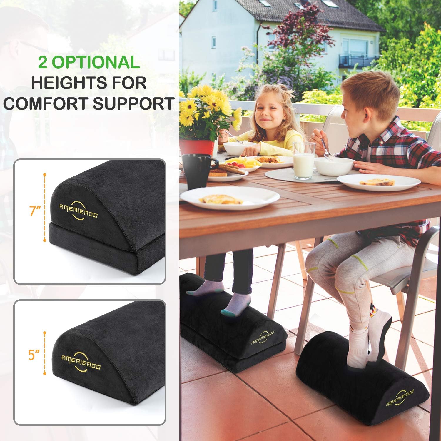 AMERIERGO Foot Rest for Under Desk at Work, Ergonomic Memory Foam Foot Stool Pillow for Home Office, Gaming, Computer - Desk Foot Rest with 2 Adjustable Heights and Breathable Washable Cover (Black)